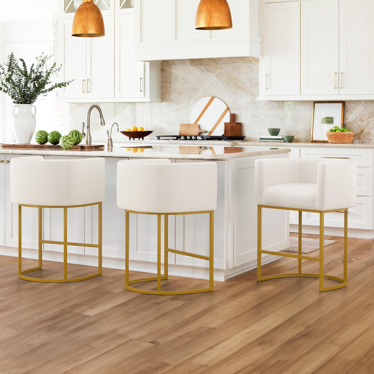 LUE BONA 27'' H Counter Height Bar Stools Set of 3, Modern Barrel Counter Stools with Backrest and Arms, Gold Metal Frames, Line