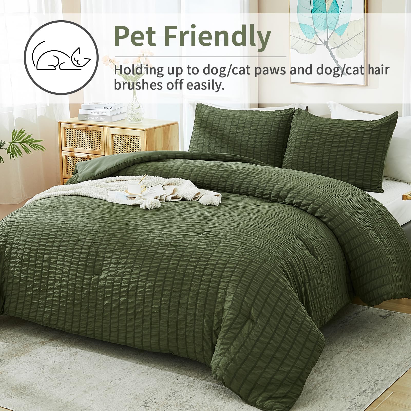 Avelom Seersucker Comforter Set - Dark Olive Green, California King, 104X96, 3 Pieces