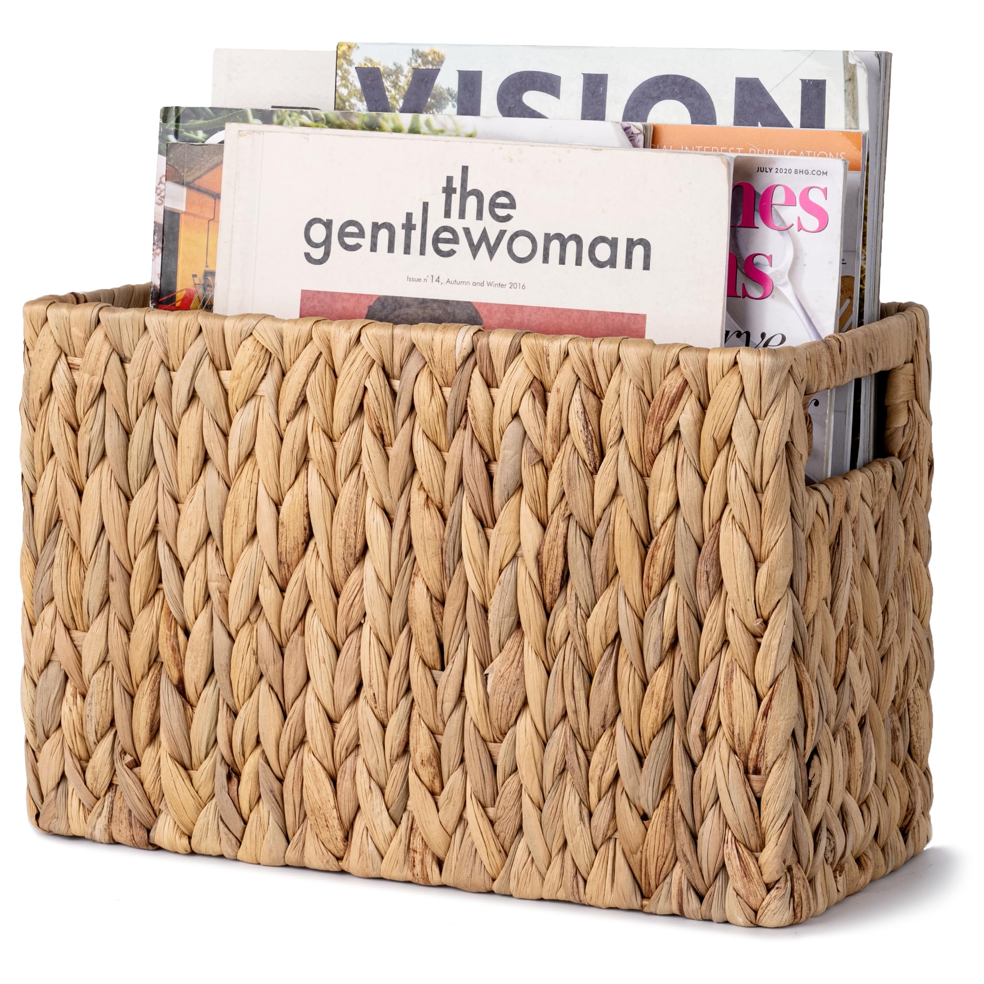 StorageWorks Hand-Woven Magazine Holder, Magazine Wicker Basket for Bathroom, Office, Rattan Magazine Holder, Natural Water Hyac
