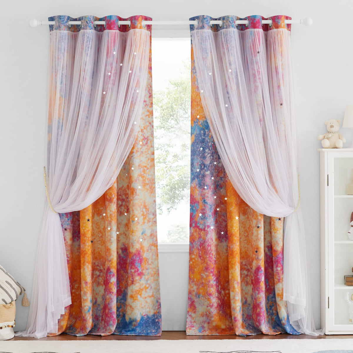 Nicetown Rainbow Curtains - Double Layer Curtains 63 Inches Long With Sheer Grommet Star Hollow-Out Window Panels For Living Roo