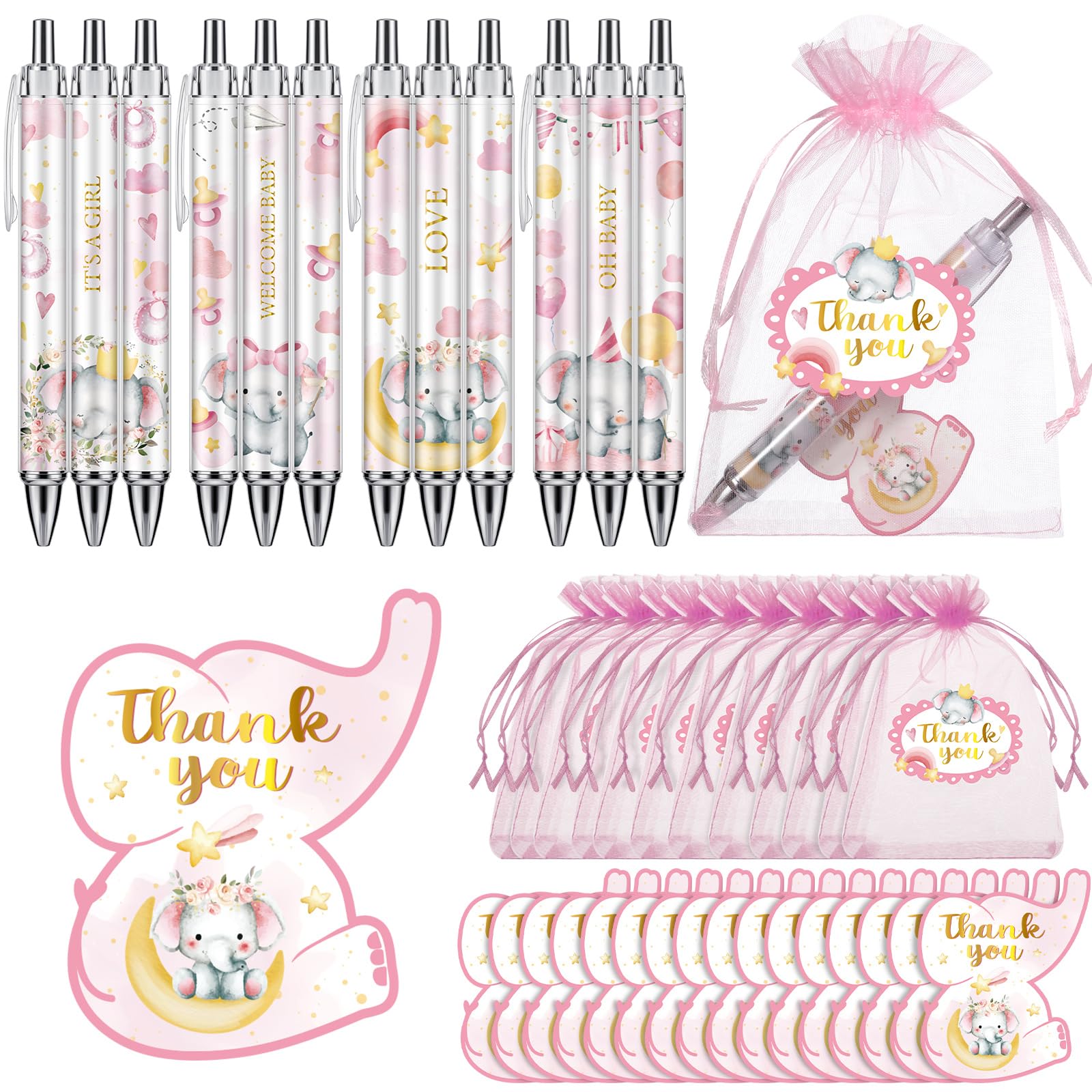 Chuangdi 50 Sets Baby Shower Favors Gifts For Guests Includes 50 Pcs Ballpoint Pens, Thank You Cards And Organza Bags(Trendy Sty