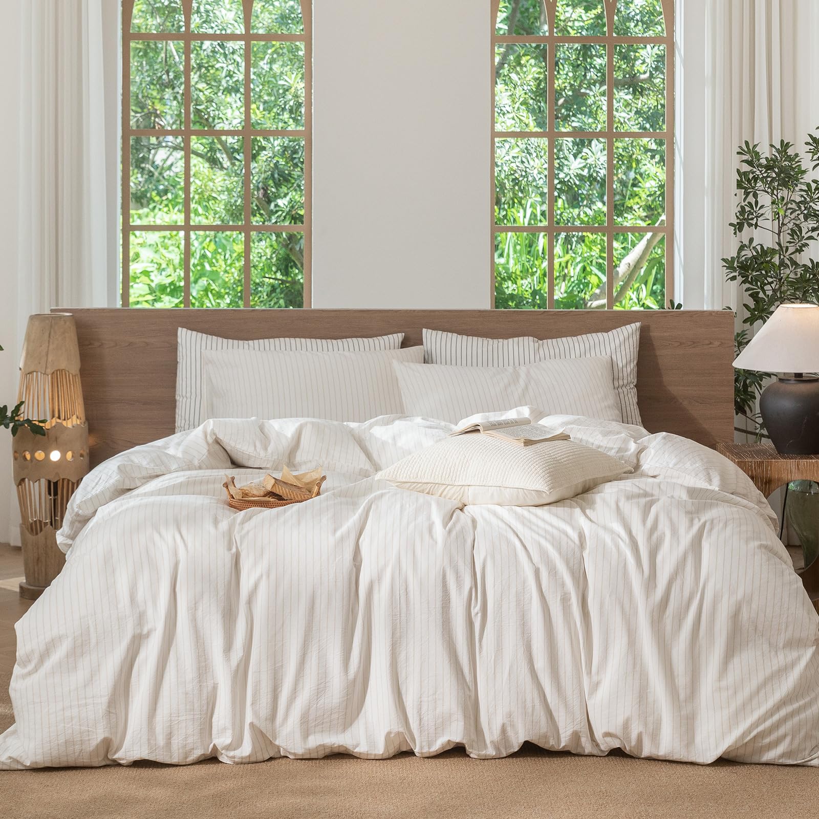 MooMee Striped Duvet Cover Set 100% Washed Cotton Linen Like Textured Breathable Durable Soft Comfy (White Almond Milk Grey Wide