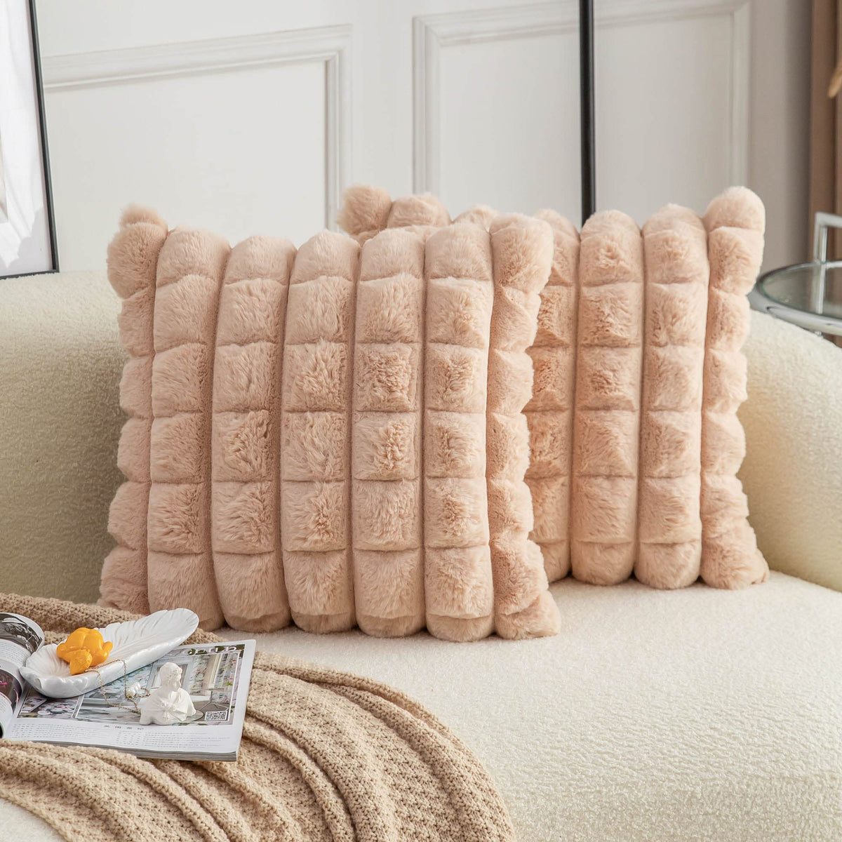 Neelvin Camel Faux Fur Cozy Soft Plaid Decorative Throw Pillow Covers 18X18 Inch Set Of 2,Velvet Pillowcase Cushion Case For Sof