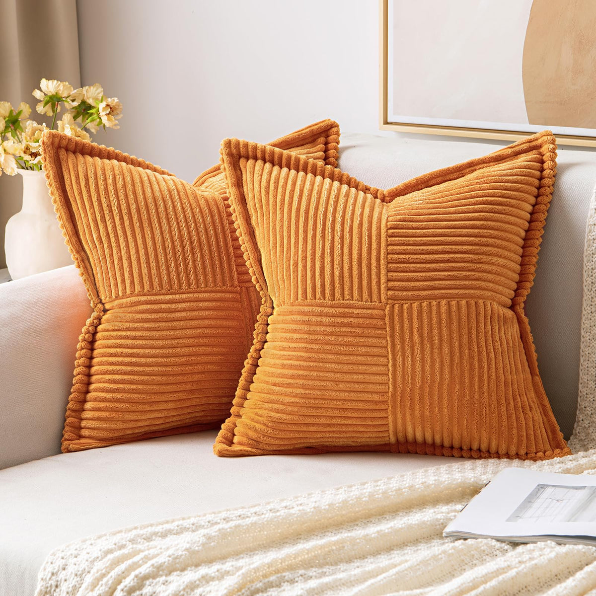 Miulee Burnt Orange Pillow Covers 20X20 Inch With Splicing Set Of 2 Super Soft Boho Striped Corduroy Pillow Covers Broadside Dec