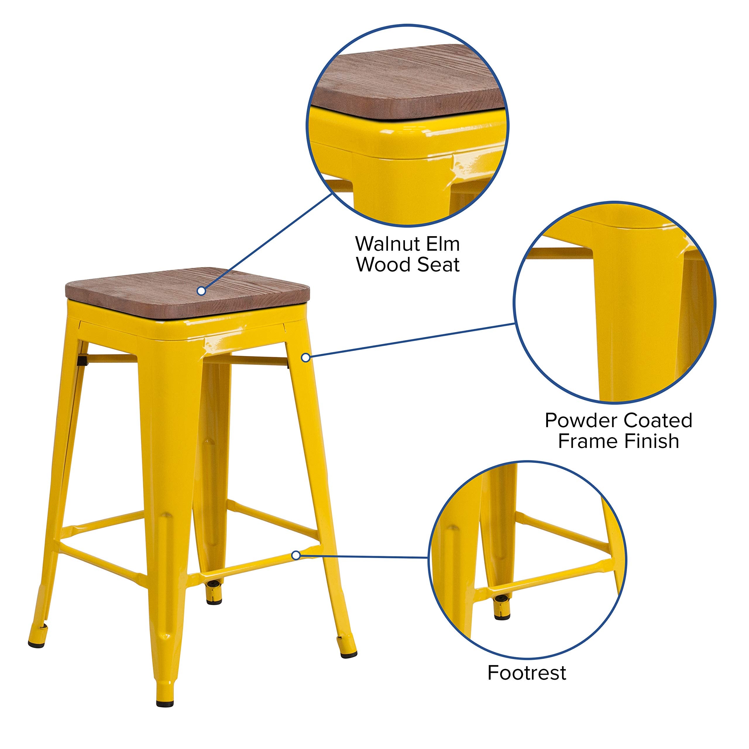 Flash Furniture Lily 24' High Backless Yellow Metal Counter Height Stool With Square Wood Seat (Pack Of 1)