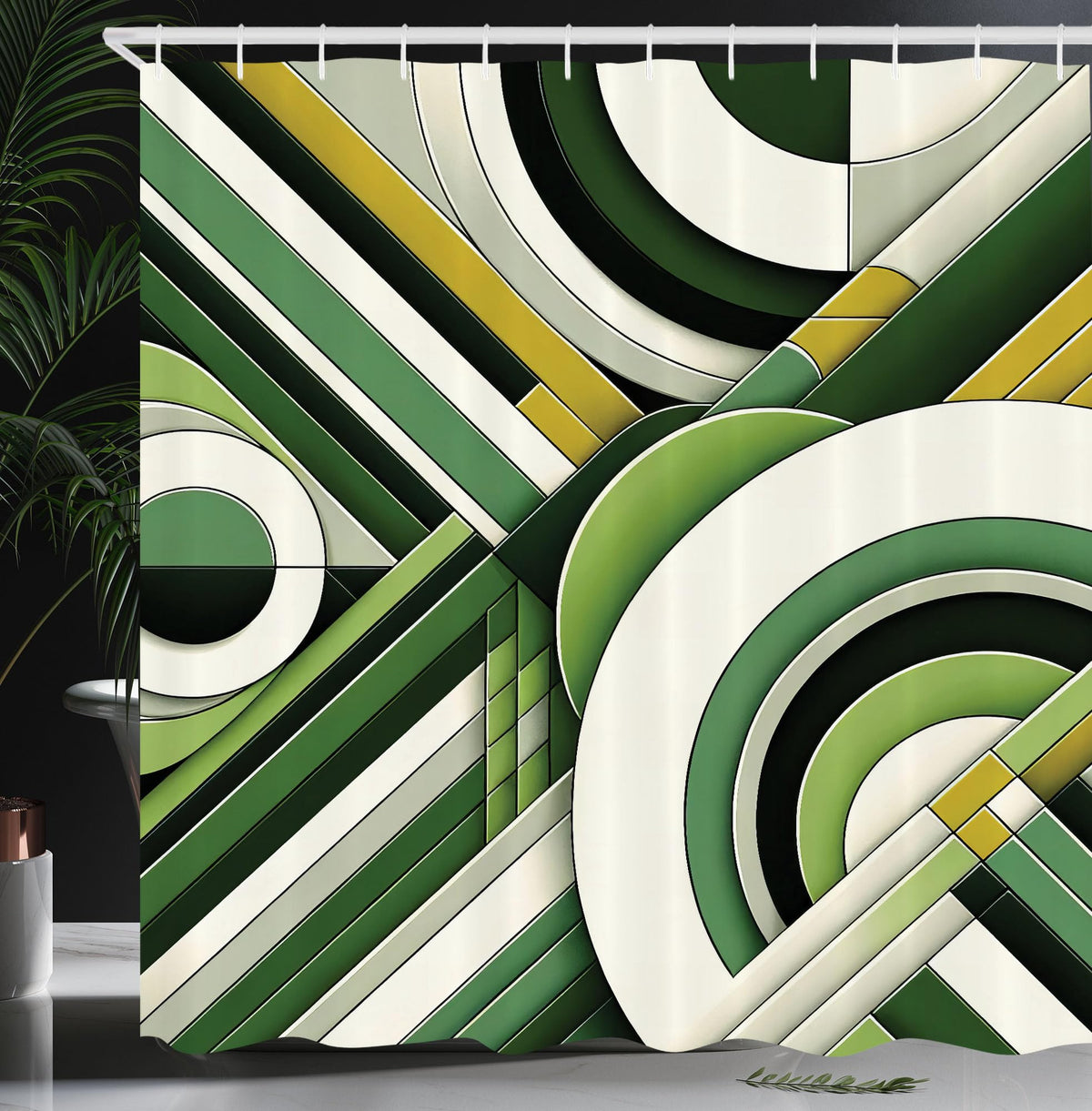 Ambesonne Green Shower Curtain, Mid Century Modern Boho Style Geometric Rounds and Lime Tone Lines Abstract Art, Cloth Fabric Ba