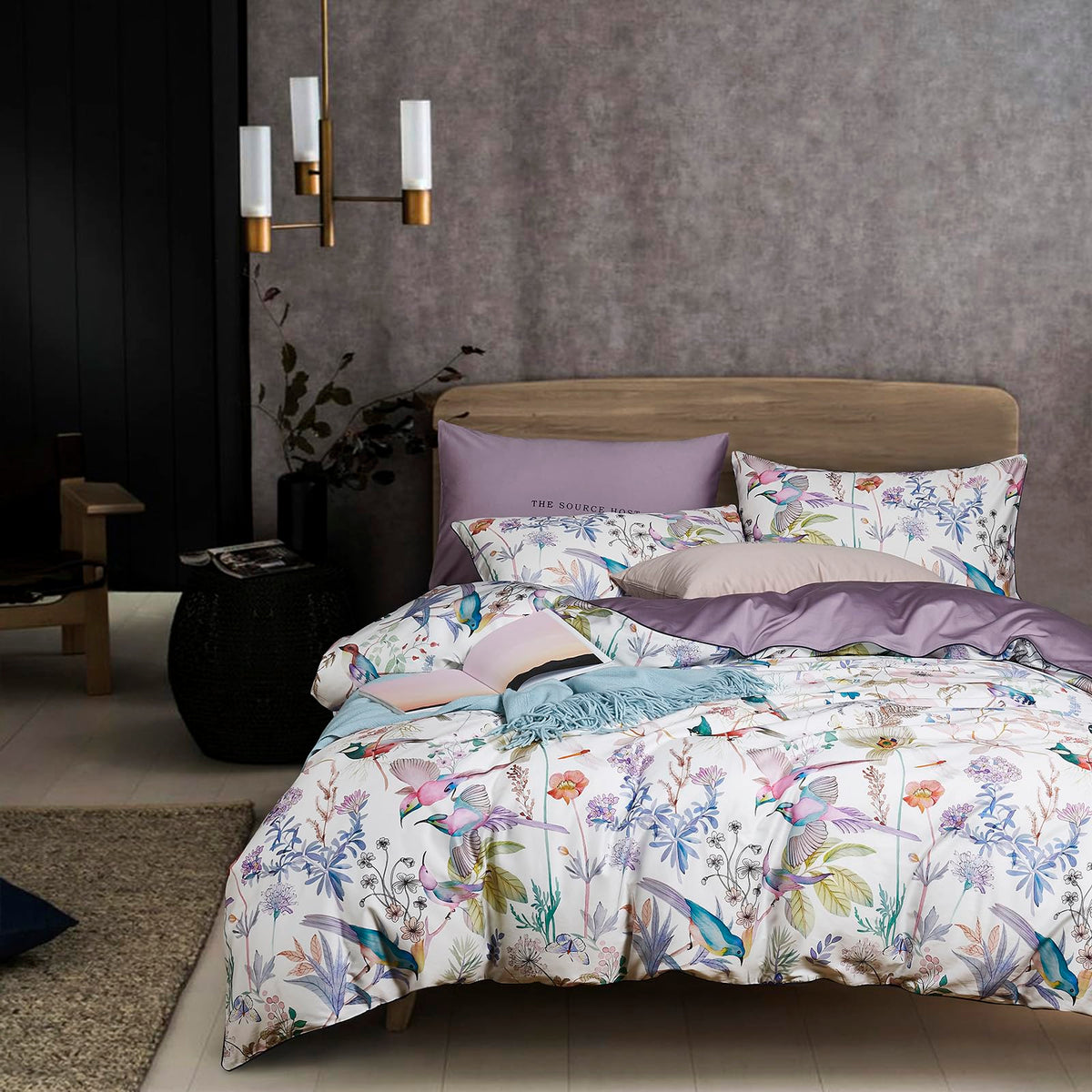Mixinni Queen Size Duvet Cover Purple Flowers Bird Bedding Sets Shabby Chic Boho Long-Staple Cotton Duvet Cover Set With Zipper