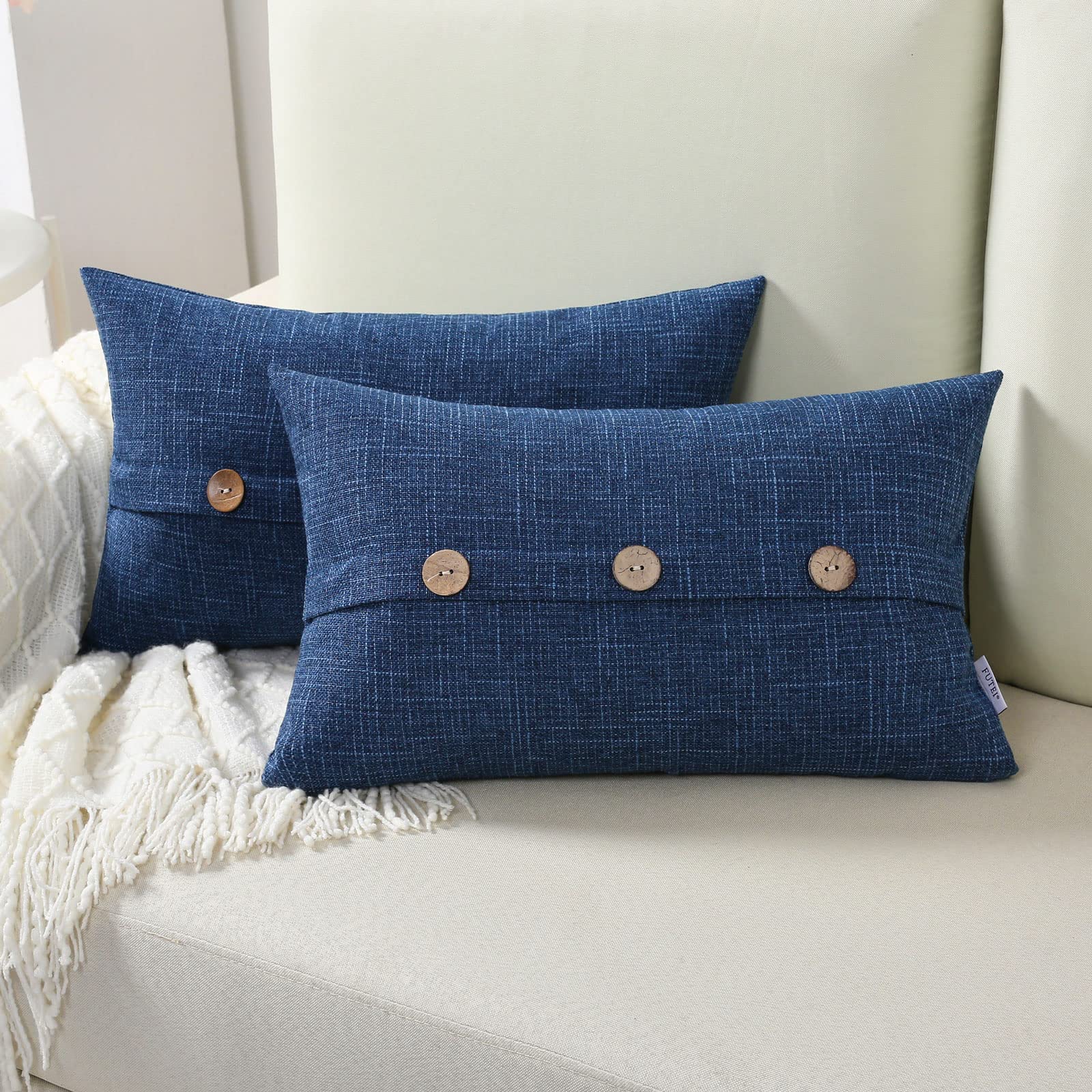 Futei Navy Blue Linen Decorative Throw Pillow Covers 12X20 Inch Set Of 2, Rectangle Lumbar Pillowcase With Vintage Button/Zipper