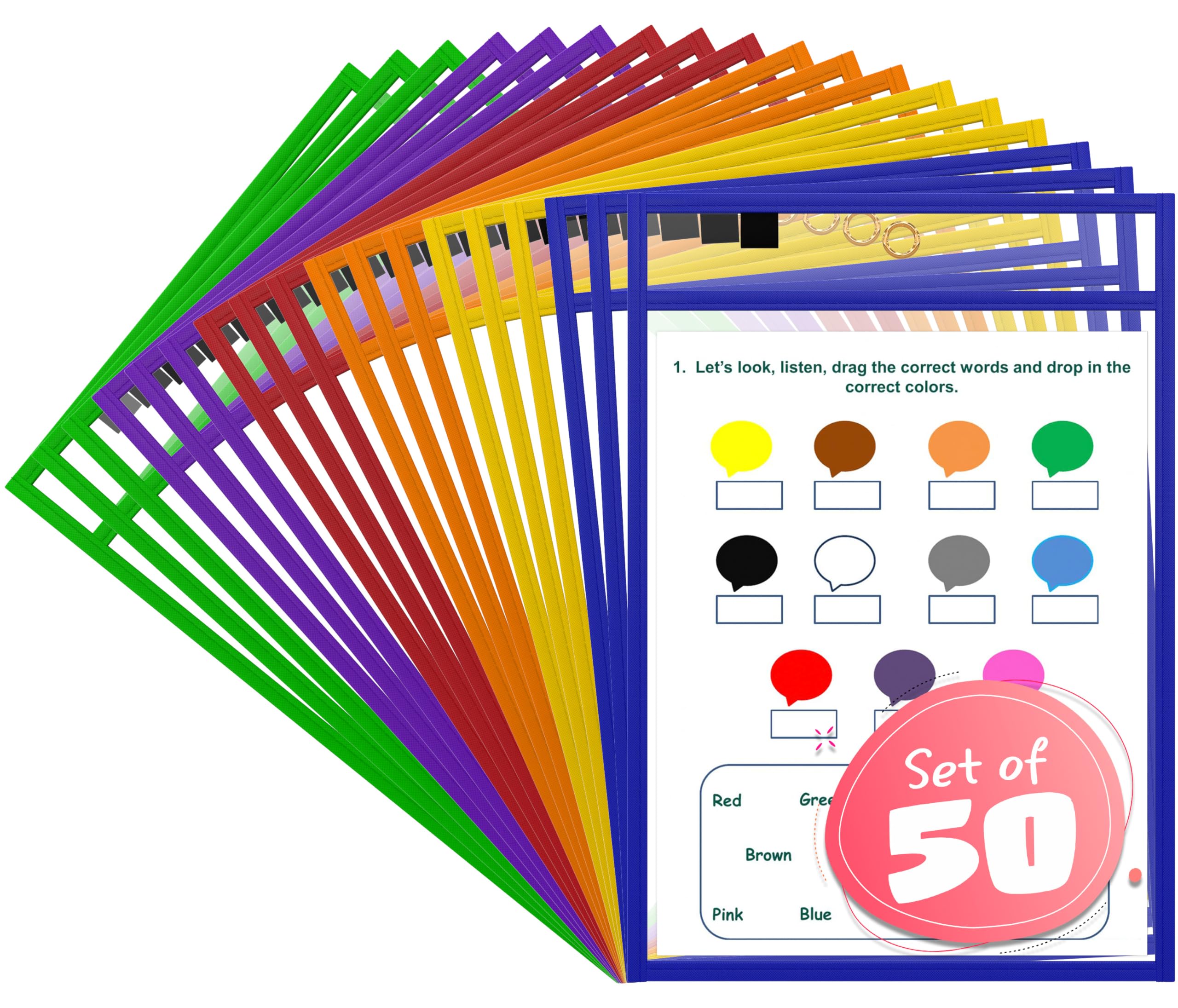 Scribbledo 50 Pack Dry Erase Pockets Reusable Dry Erase Sleeves With Marker Holder Dry Erase Pocket Sleeves Teacher Supplies For