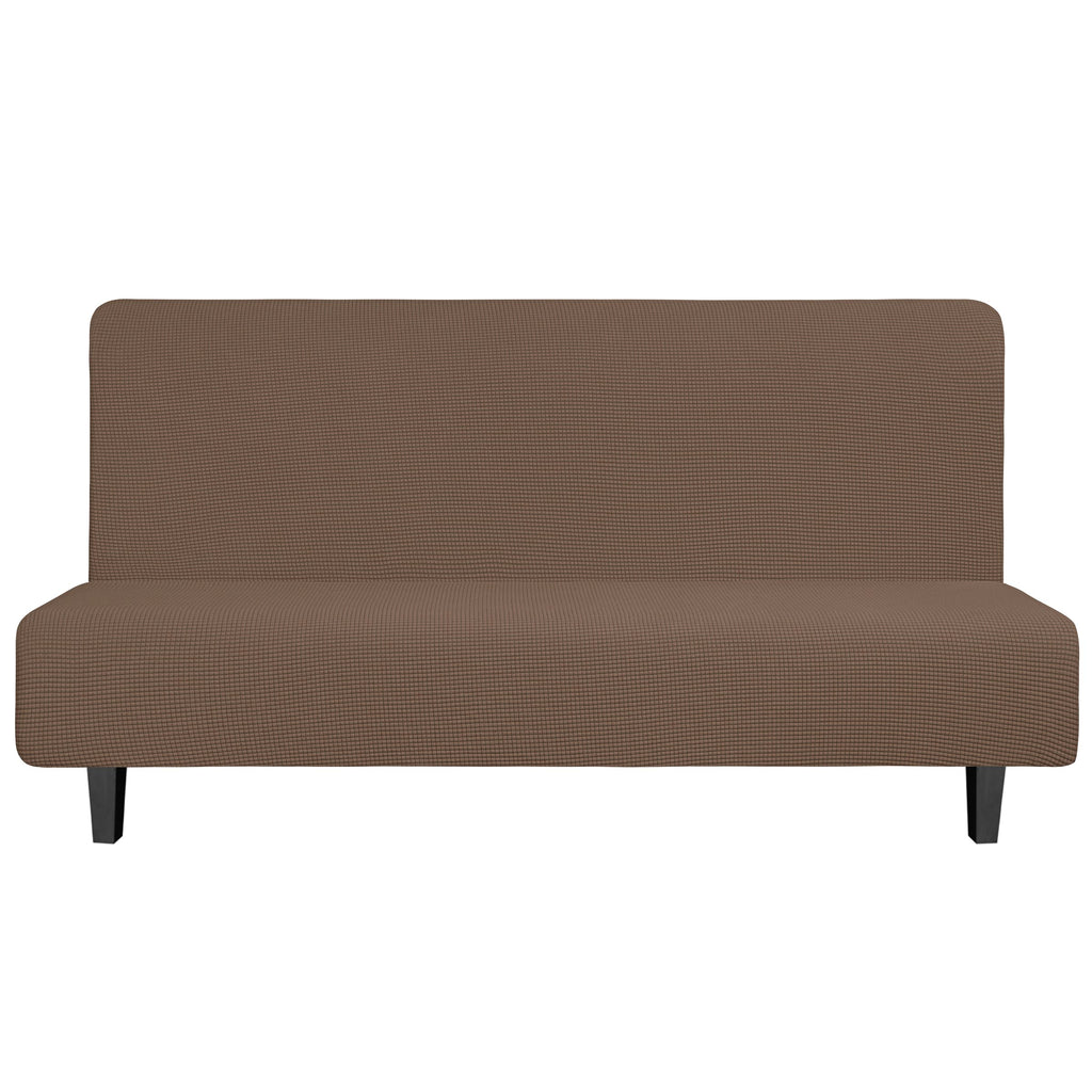 Easy-Going Stretch Futon Slipcover Armless Futon Bed Cover Furniture Protector Without Armrests With Elastic Bottom For Kids, Soft Jacquard Fabric Small Checks (Large, Brown)