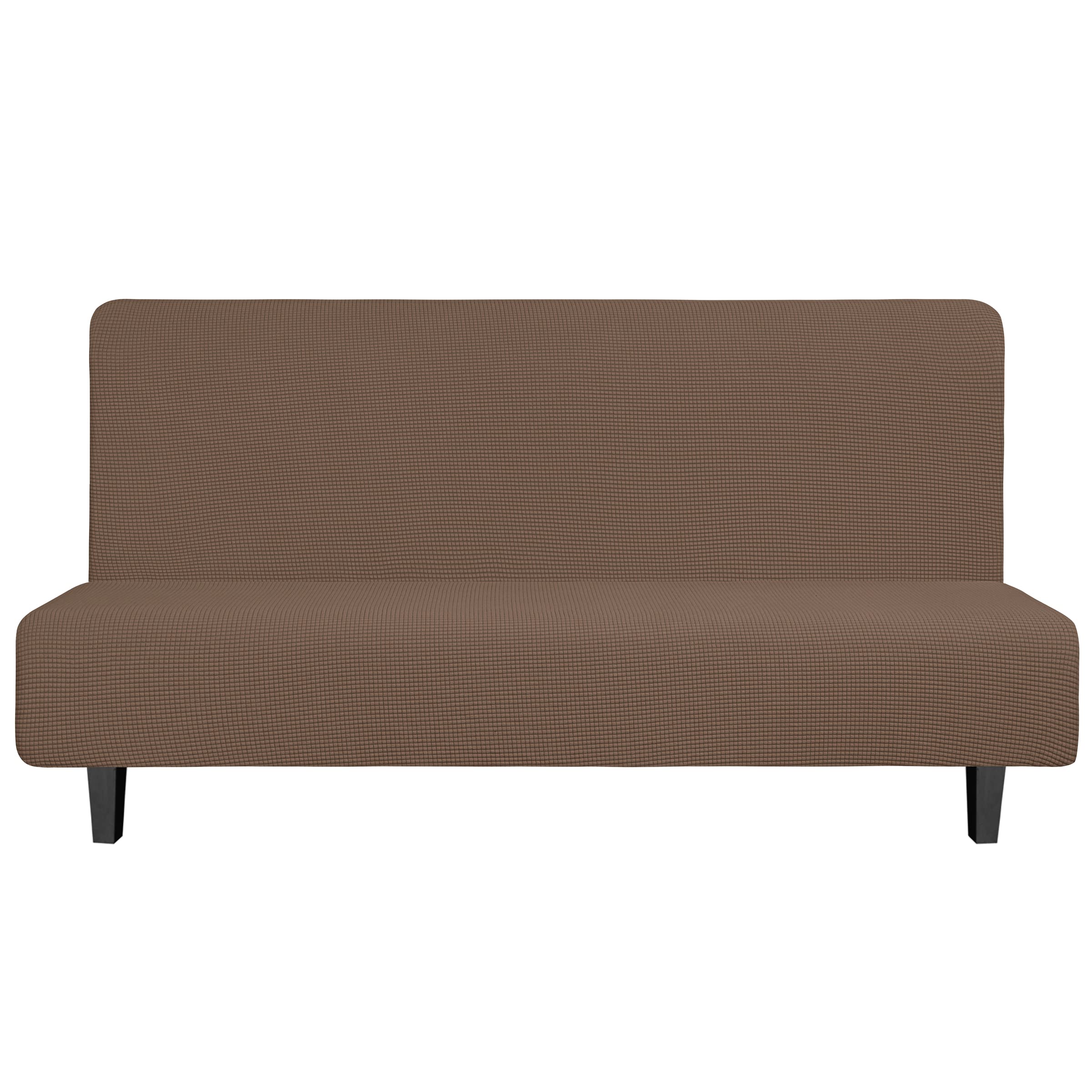 Easy-Going Stretch Futon Slipcover Armless Futon Bed Cover Furniture Protector Without Armrests With Elastic Bottom For Kids, Soft Jacquard Fabric Small Checks (Large, Brown)