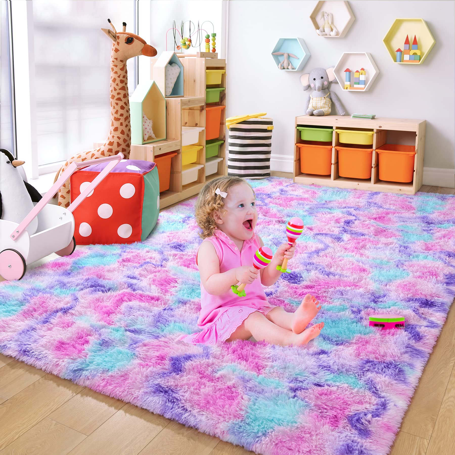 Chicrug Cute Fluffy Area Rug For Girls Bedroom, 3X5 Feet Fluffy Kids Rug For Room Decor, Shag Soft Dorm Playroom Rug, Bedside Ru