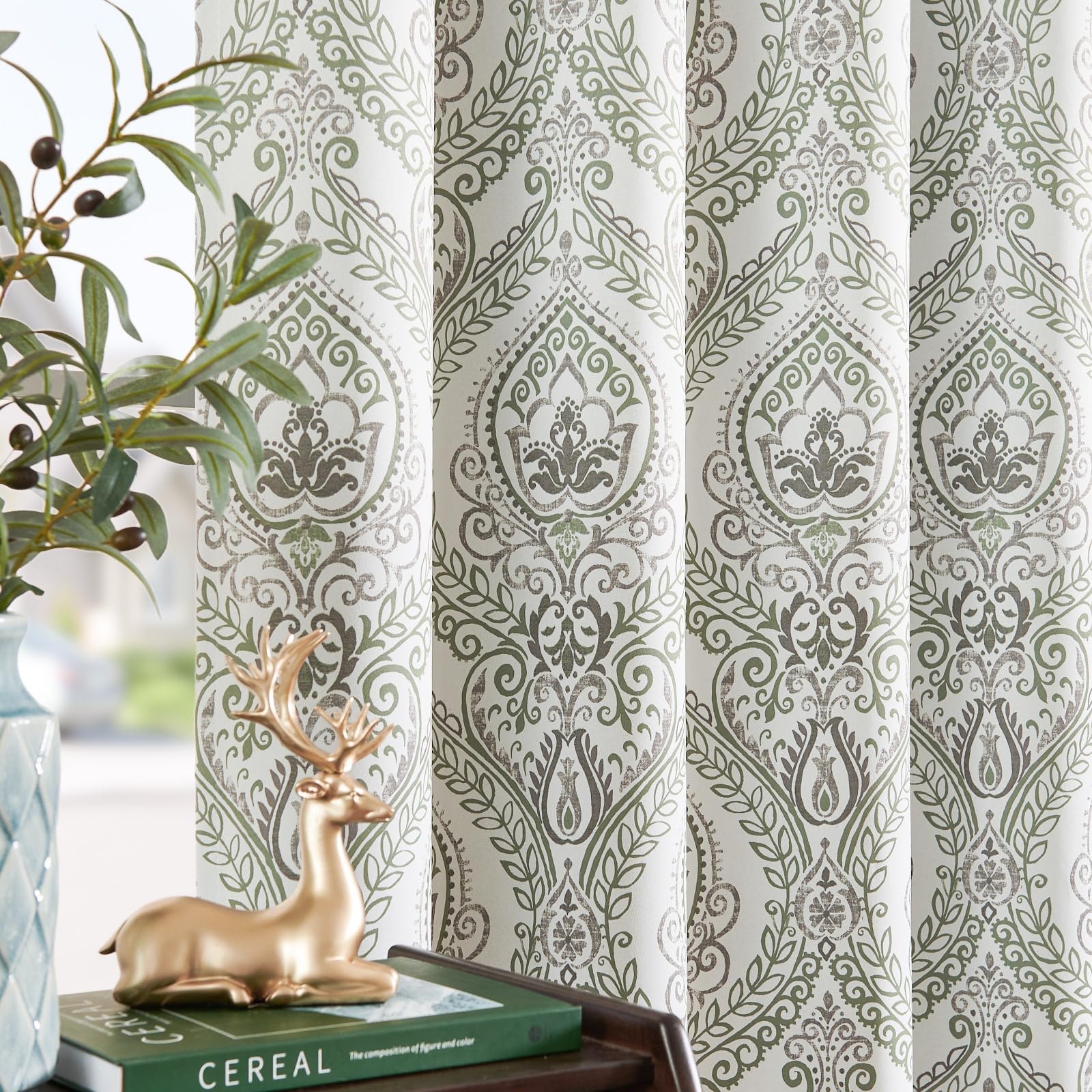 Jinchan 100% Blackout Curtains 90 Inch Length 2 Panels Green Damask Medallion Window Curtains For Bedroom Grommet Thermal Insulated Drapes For Living Room Vintage Luxury Window Treatments Set