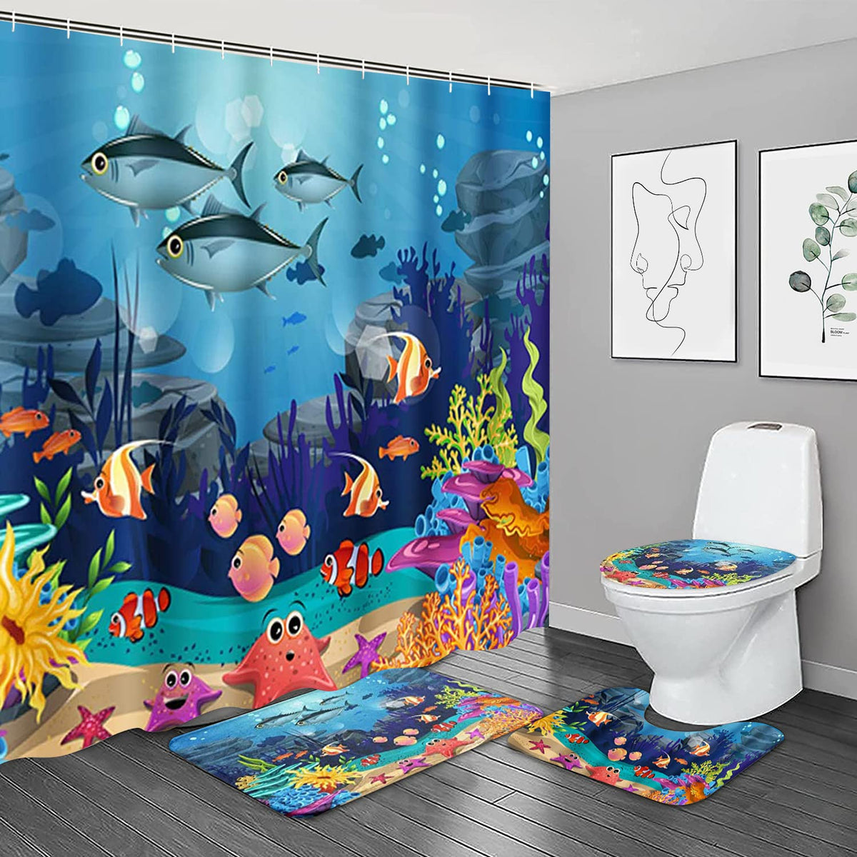 NBVKO 4PCS Cartoon Blue Ocean and Creature Shower Curtain Set with Non-Slip Rugs,Toilet Lid Cover and Bath Mat,Bathroom Shower D