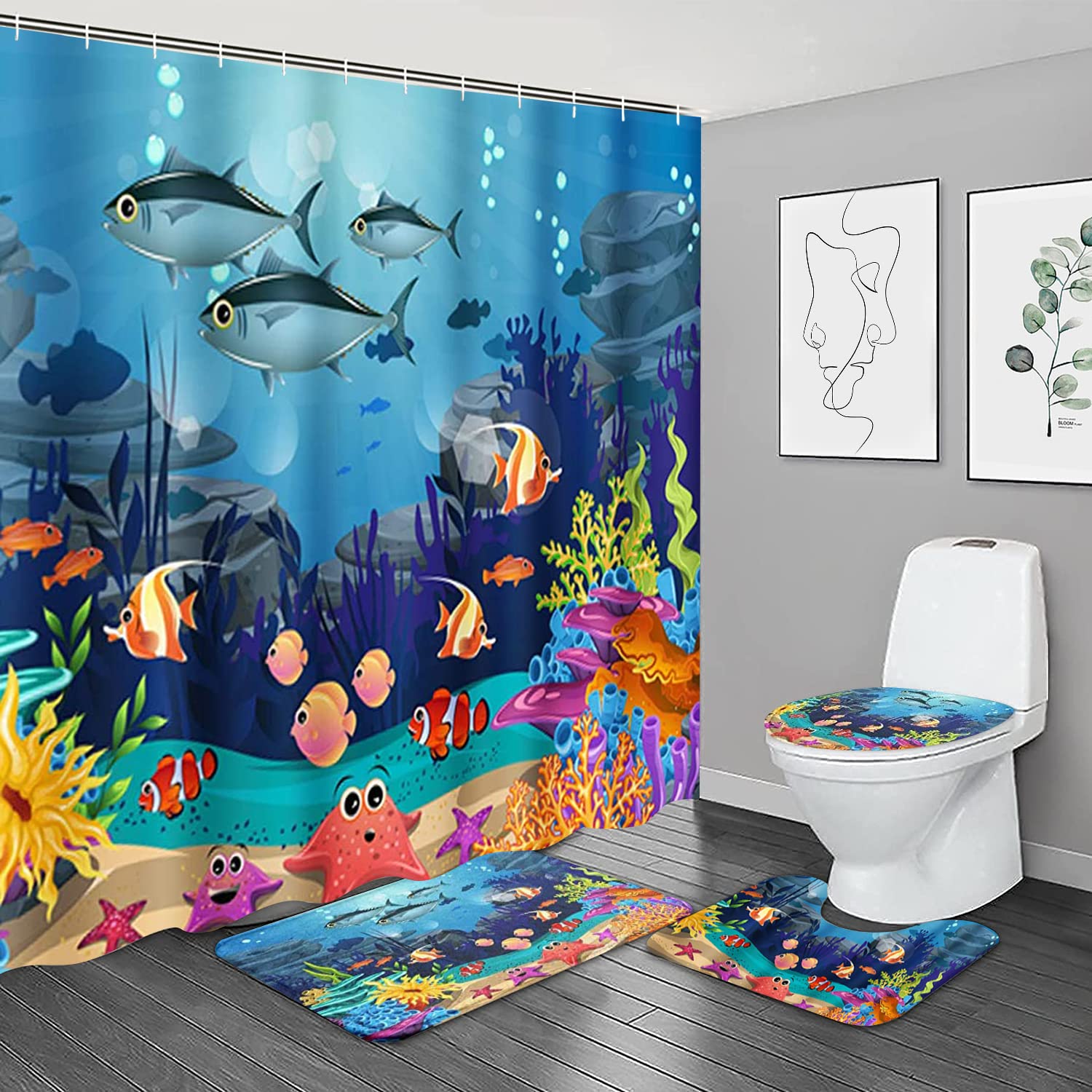 NBVKO 4PCS Cartoon Blue Ocean and Creature Shower Curtain Set with Non-Slip Rugs,Toilet Lid Cover and Bath Mat,Bathroom Shower D