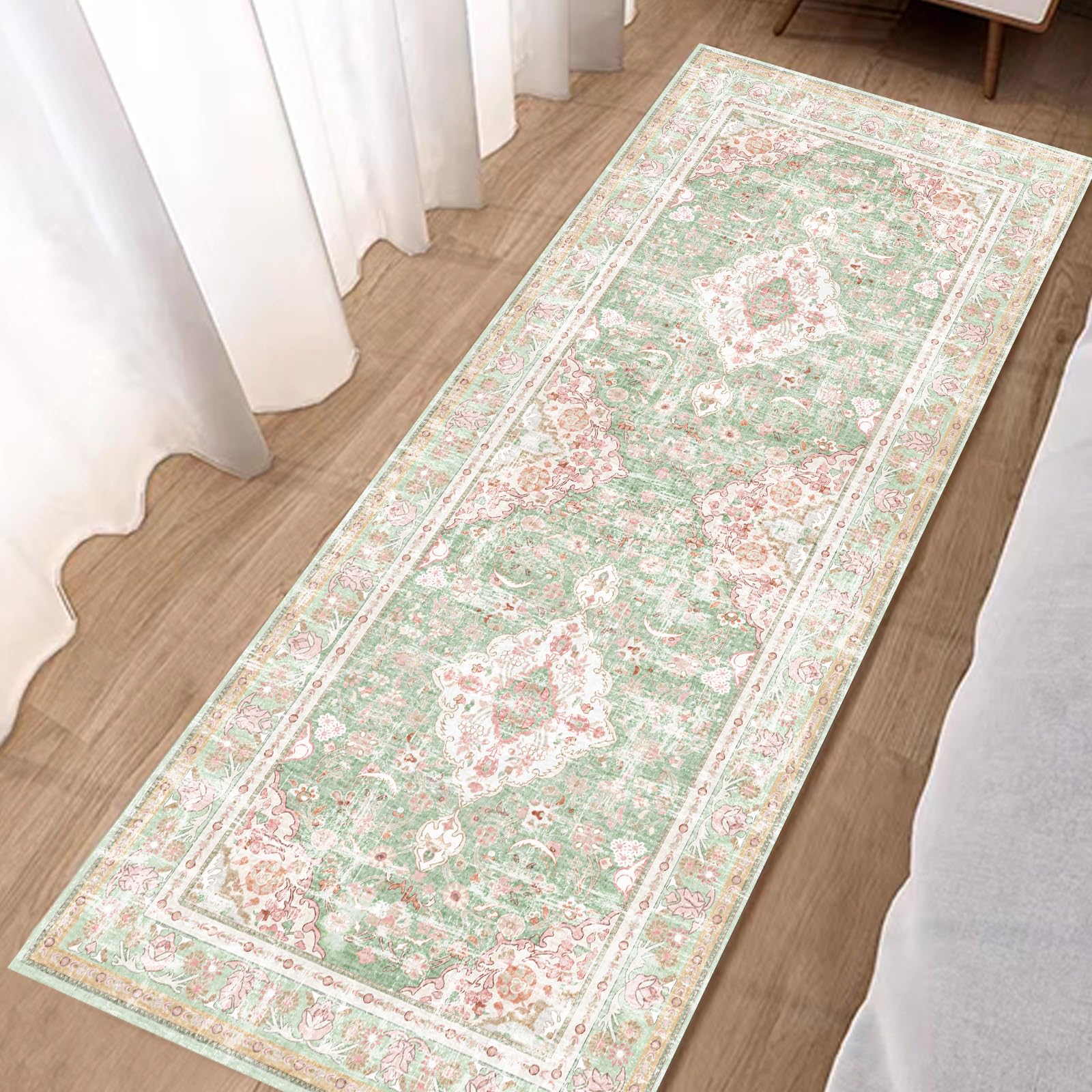 Vhong Washable Area Rugs Boho Vintage Modern Neutral Small Carpet Green and Pink High Traffic Rugs 2  6 for for Kitchen Hallway 