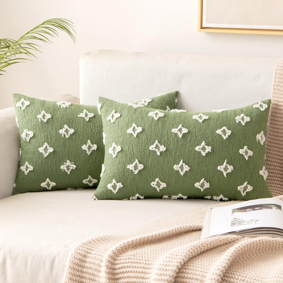 Miulee Set Of 2 Sage Green Decorative Throw Pillow Covers Rhombic Jacquard Pillowcase Soft Square Cushion Case For Summer Couch