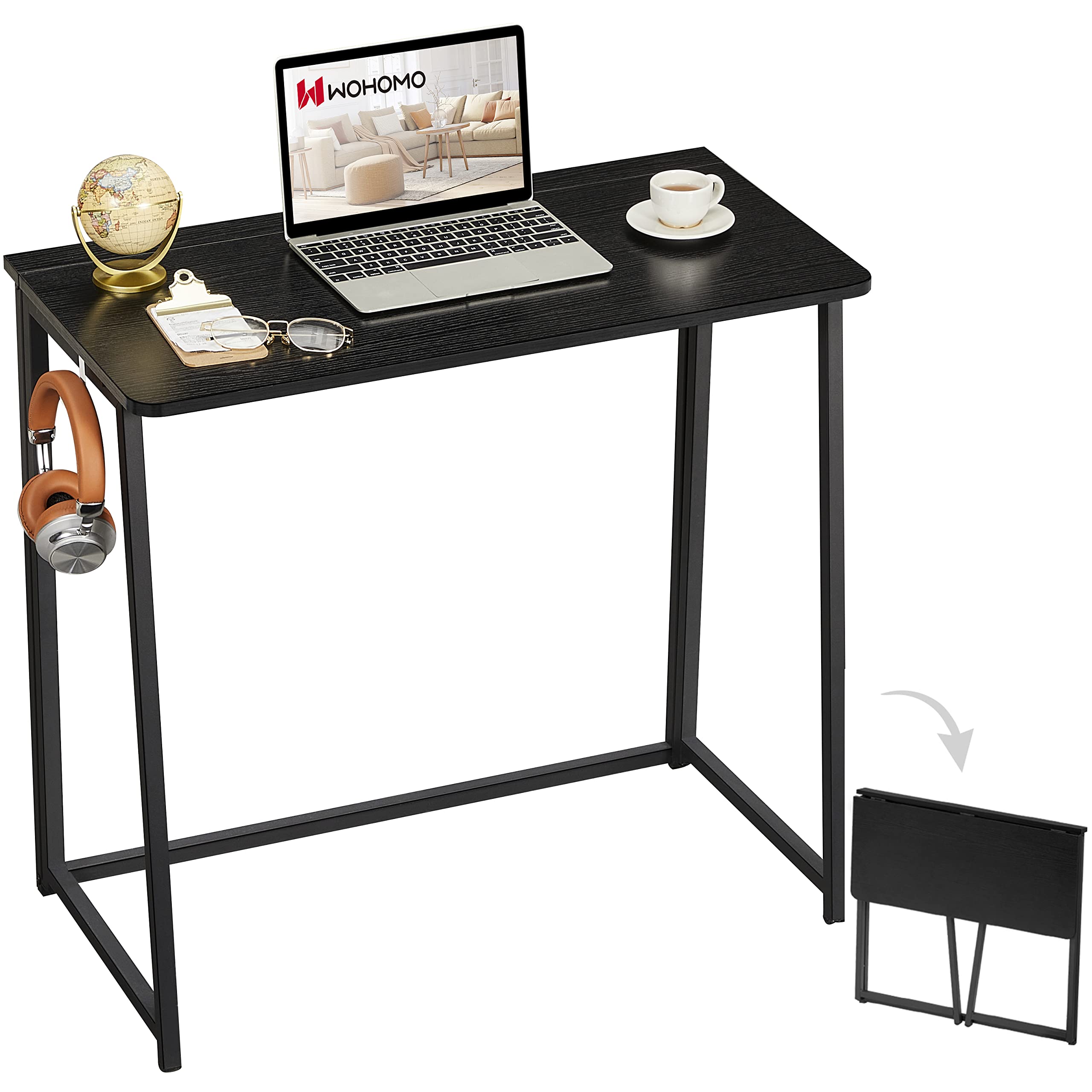 Wohomo Folding Desk, 39.4' Narrow Writing Foldable Desk, Space-Saving Laptop Table, Easy Assemble Workstation For Home Office, Black