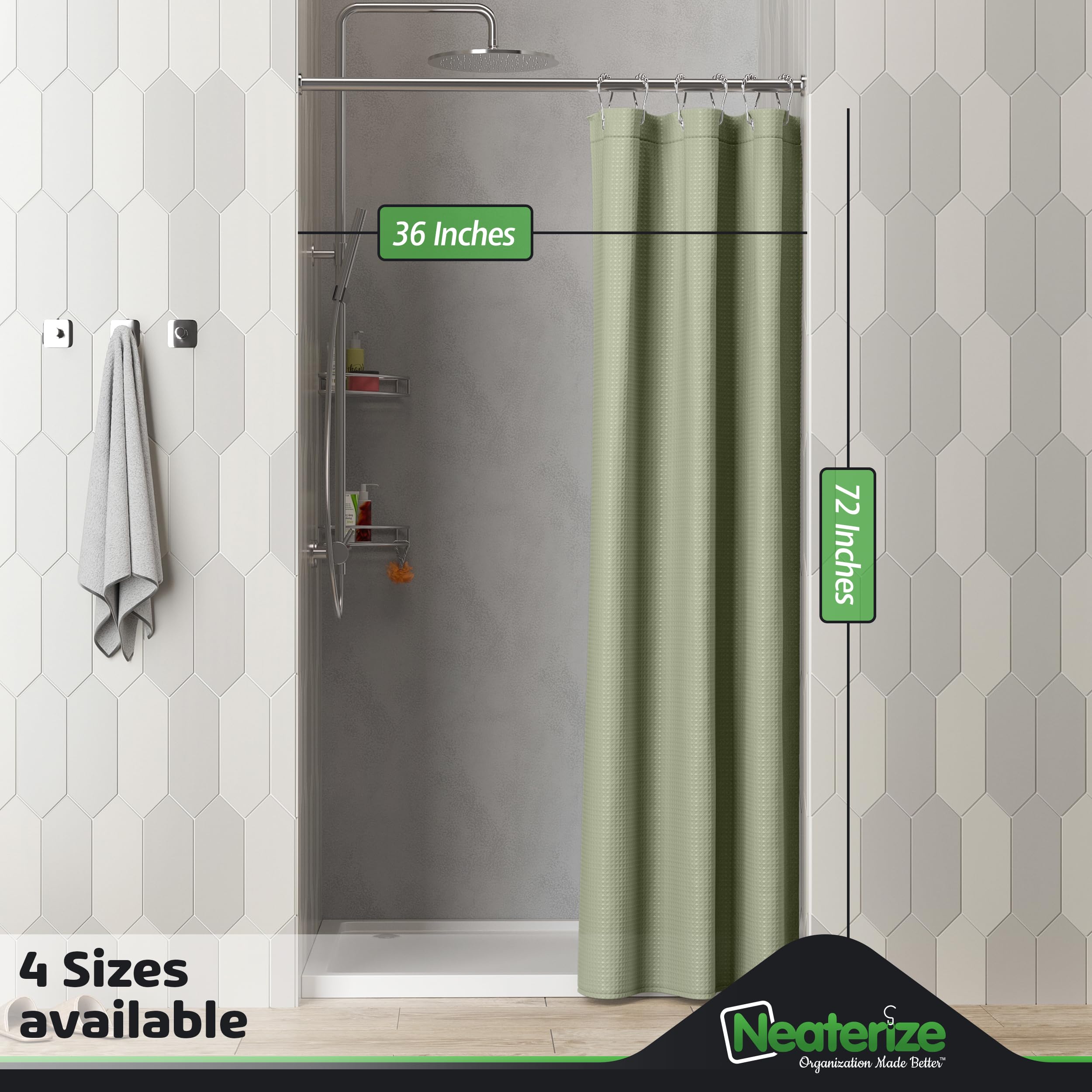 Neaterize Stall Shower Curtain Sage Green - Hotel Style Sage Green Shower Curtains For Bathroom With Waffle Design, 36X72 Inches