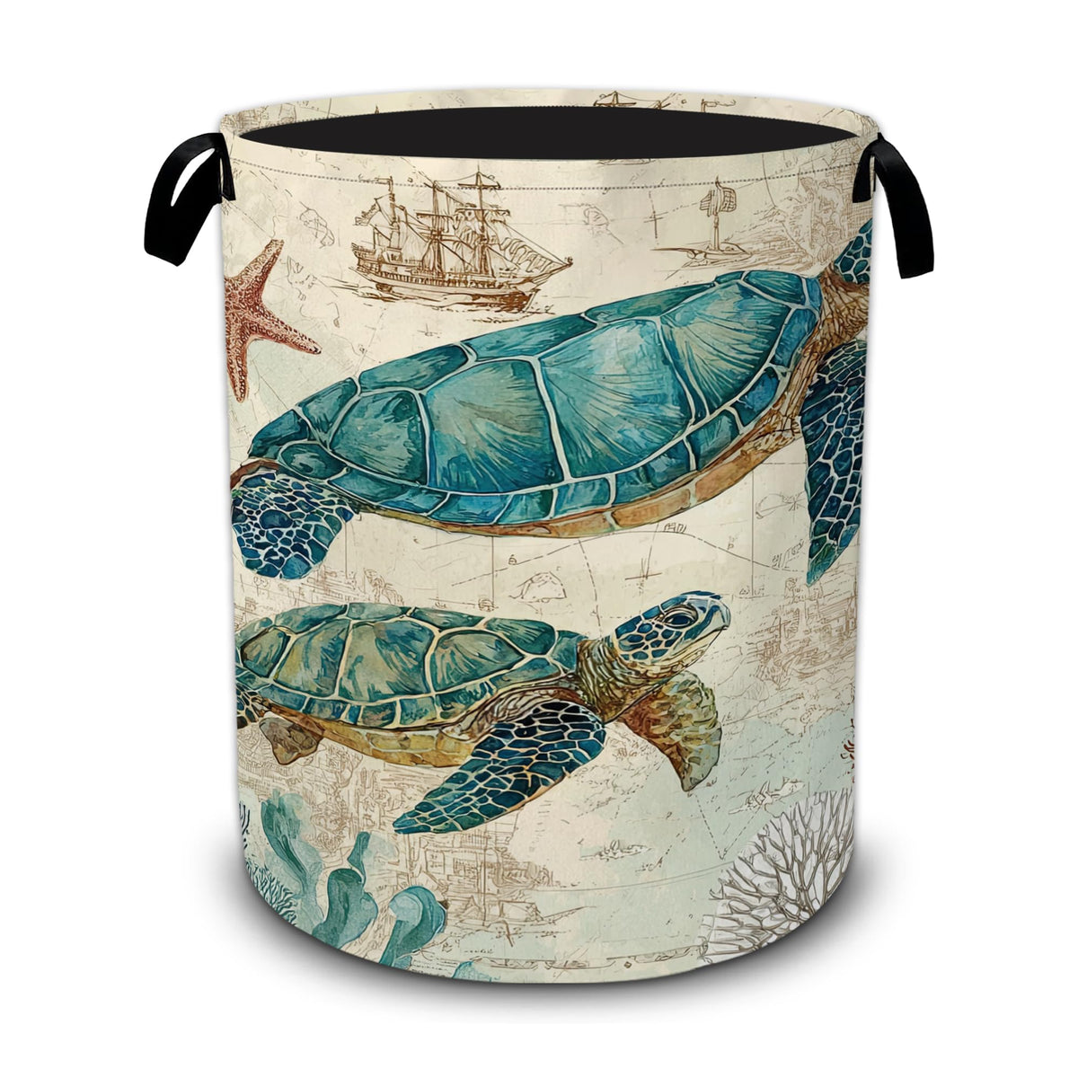Sea Turtles Laundry Basket,Coral Starfish Foldable Oxford Laundry Hamper with Handles,Portable Clothes Tote Bag Clothes Storage 