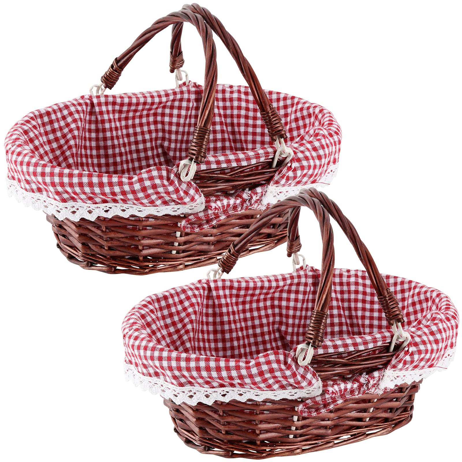 Mahiong 2 Pcs Brown Wicker Woven Gift Easter Basket, Hand Woven Empty Willow Woven Basket With Double Folding Handles And Washab
