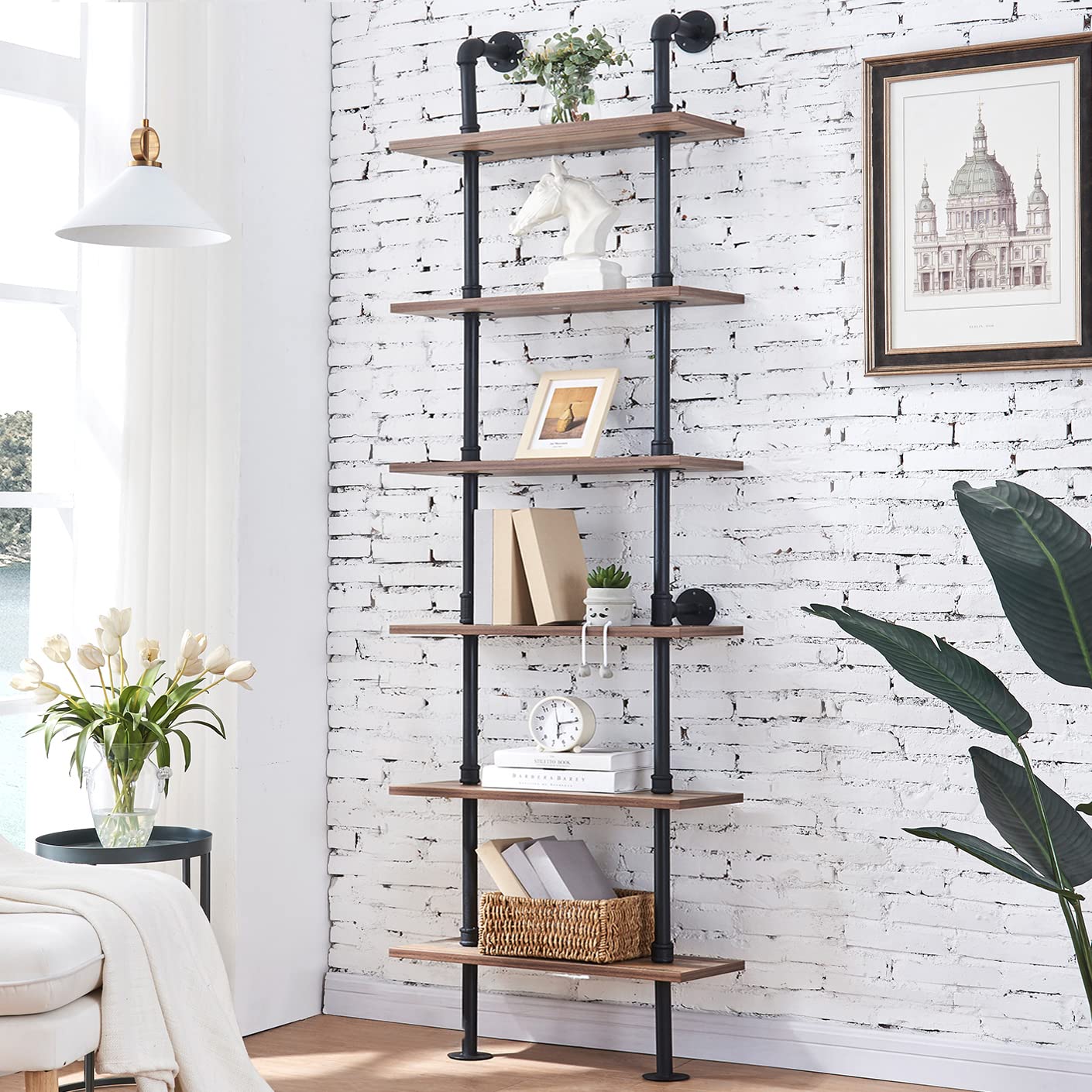 HOMBAZAAR Industrial Bookshelf, 6-Tier Industrial Pipe Bookshelf, Wall Mounted Ladder Shelves with Metal Frame for Home Office, 