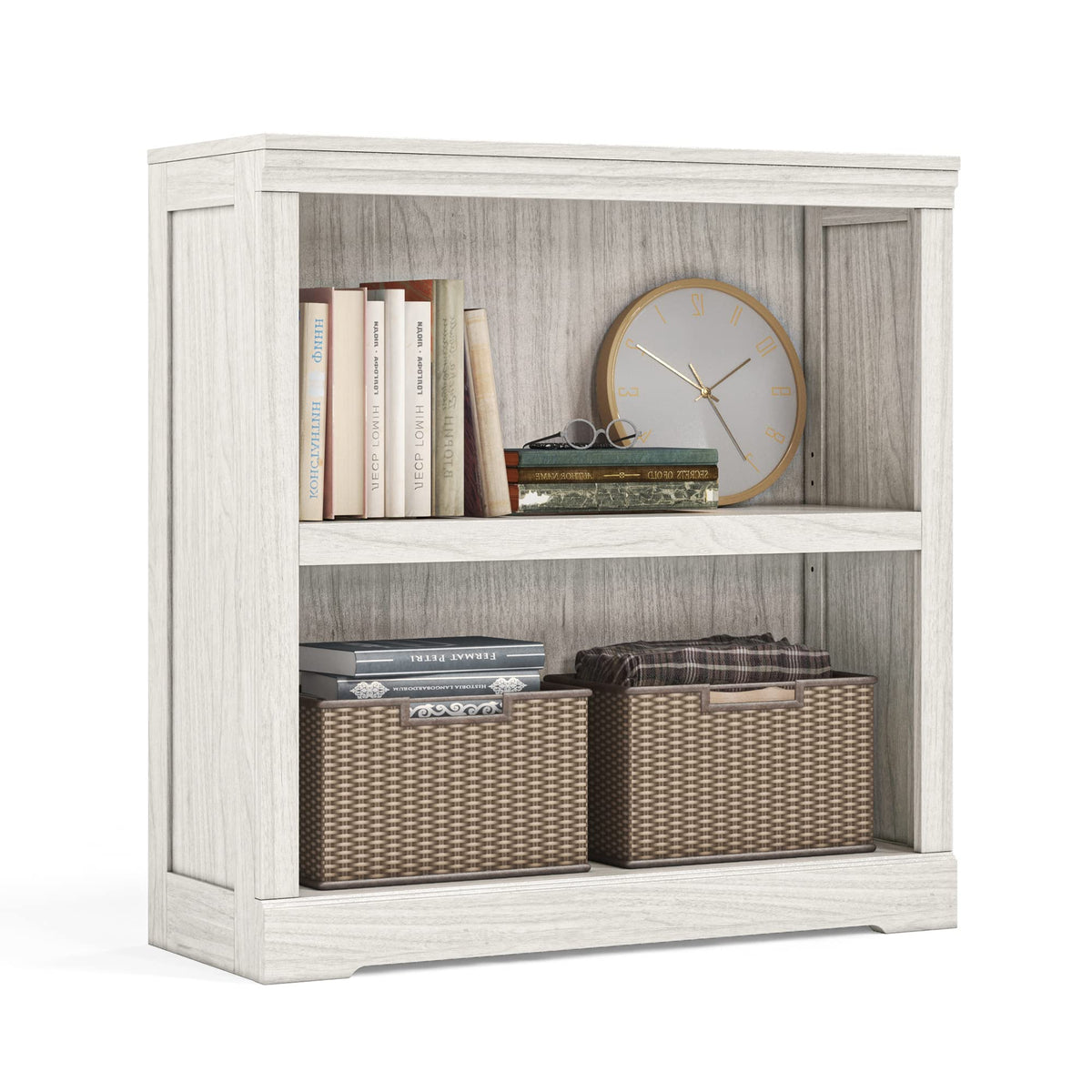Linsy Home 2-Tier Bookcase And Bookshelf, Small Wood Display Storage Shelves Farmhouse Bookshelf For Home Office, Living Room, Bed Room - White Oak