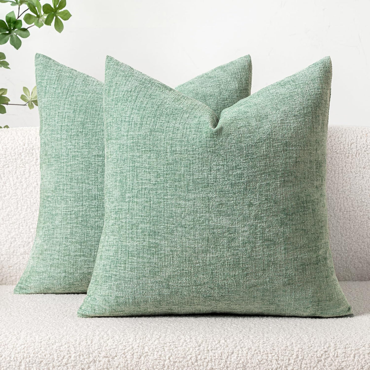 Miulee Pack Of 2 Couch Throw Pillow Covers 20X20 Inch Soft Greyish Green Chenille Pillow Covers For Sofa Living Room Solid Dyed