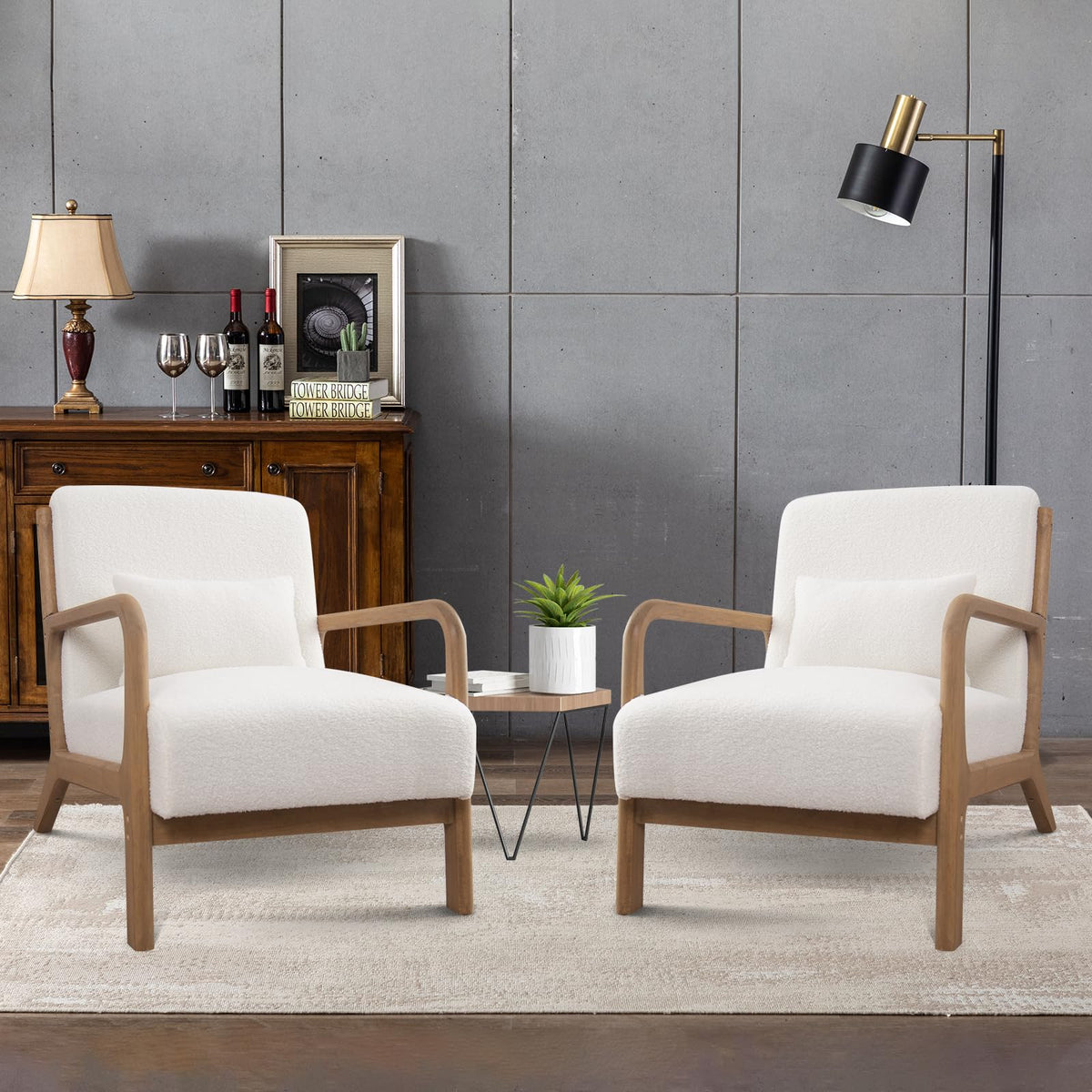 ANJHOME Mid Century Modern Accent Chairs Set of 2, Comfy Lambs Wool Reading Chair with Solid Wood Frame, Easy Assembly Armchair 
