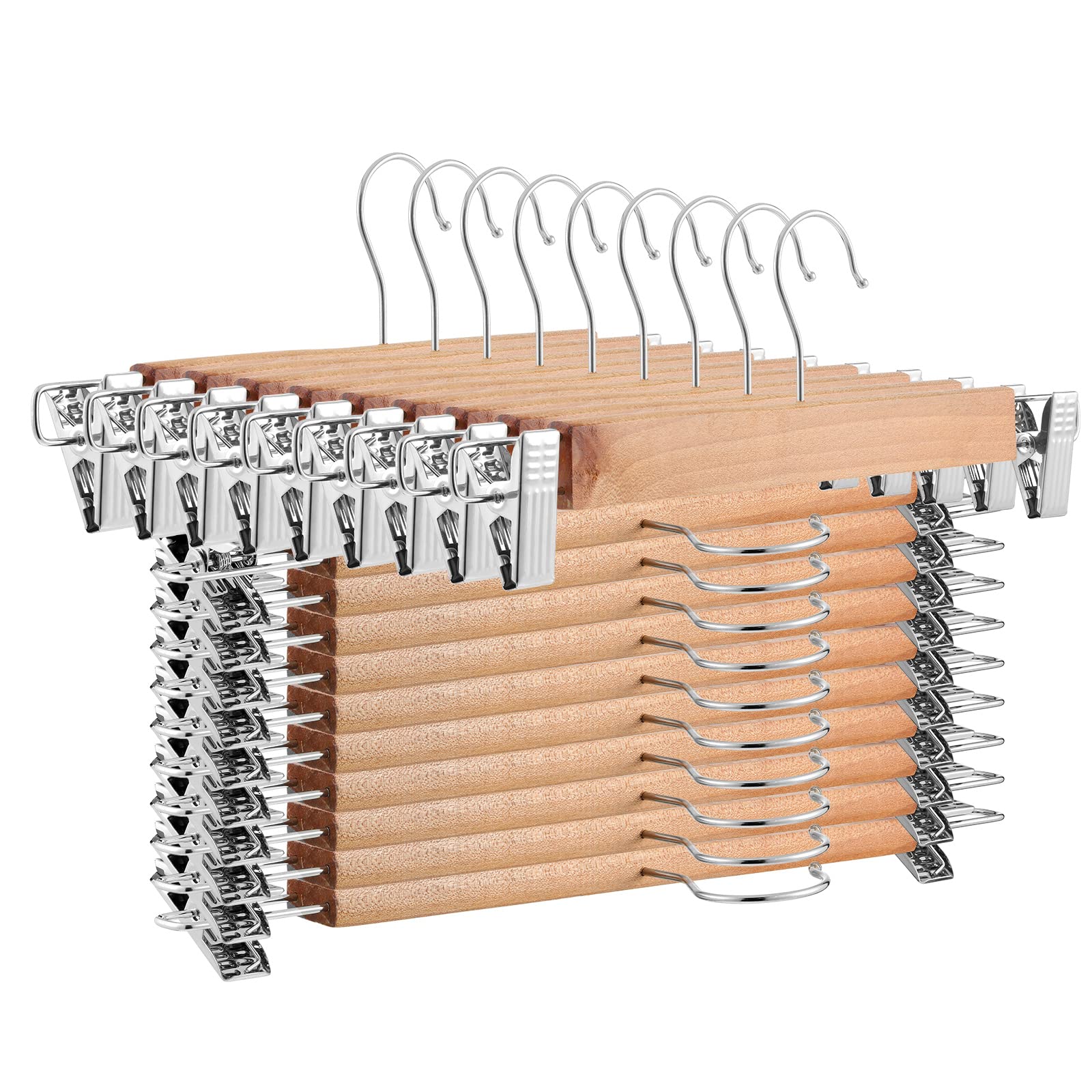 Weysat 40 Pcs Wooden Pants Hangers Bottom Hanger Bulk with 2 Adjustable Clips Anti Rust Hook 360 Swivel Hook Bottom Hangers Jean