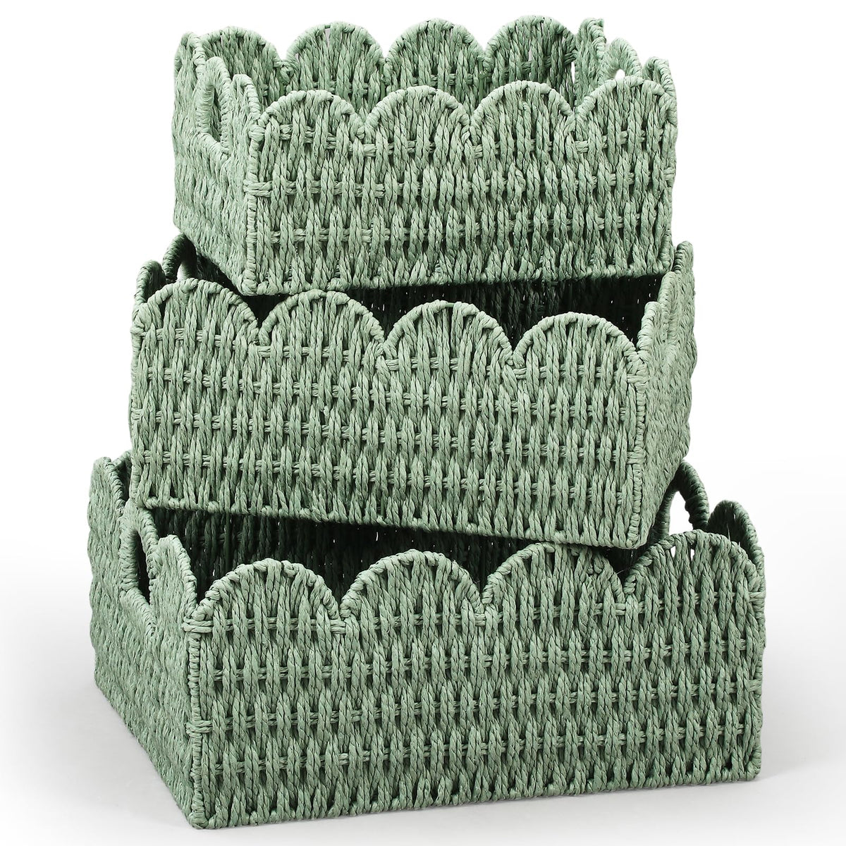 Newtay Set of 3 Paper Rope Scalloped Wicker Baskets, Diaper Caddy Storage Baskets, Sage Green Decorative Woven Bins with Handles