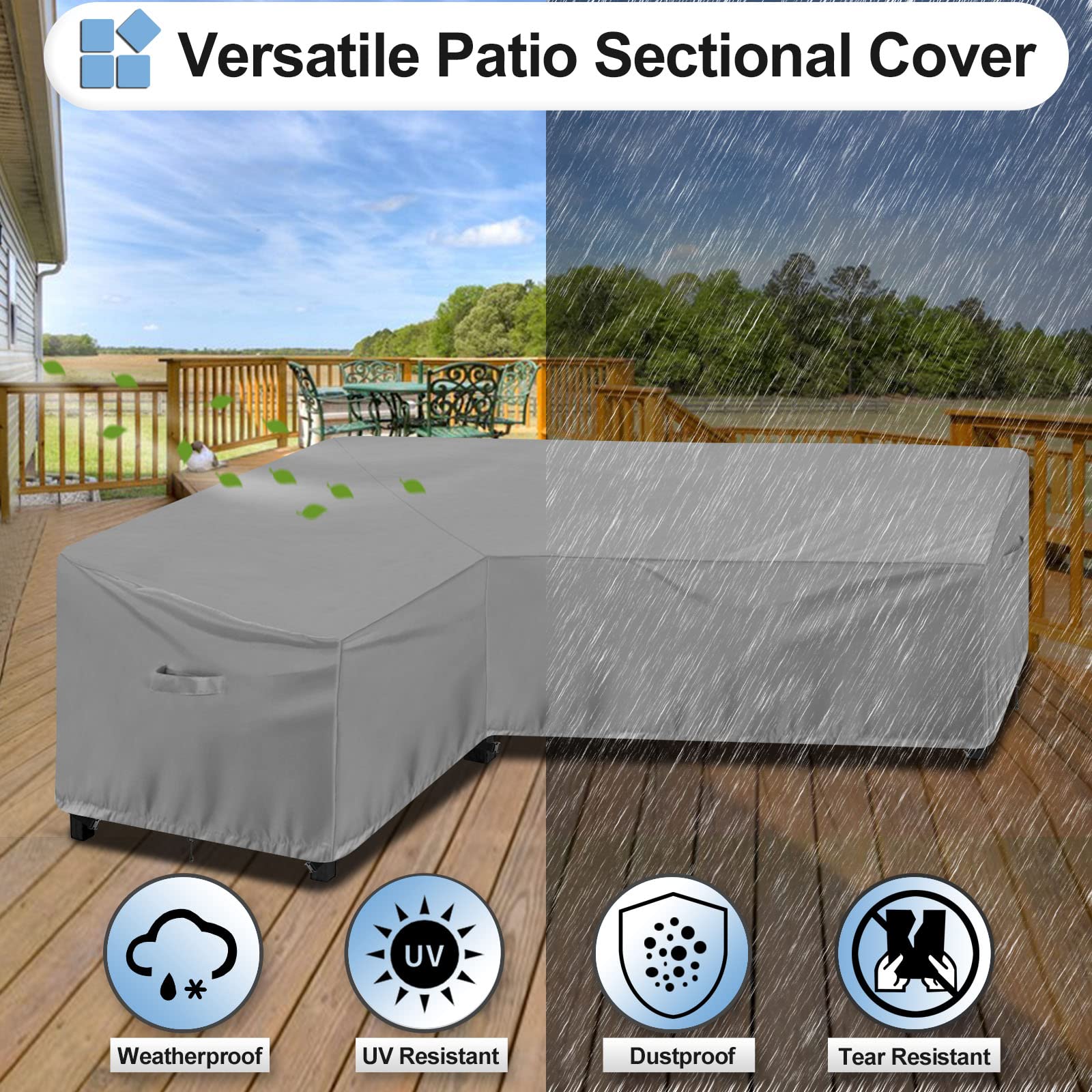 Outdoorlines Waterproof Outdoor Patio Sectional Cover - Uv Resistant & Windproof L-Shaped Patio Furniture Covers For Deck, Lawn And Backyard, 420D Heavy Duty Couch Cover, Right Facing, 104'X83', Gray