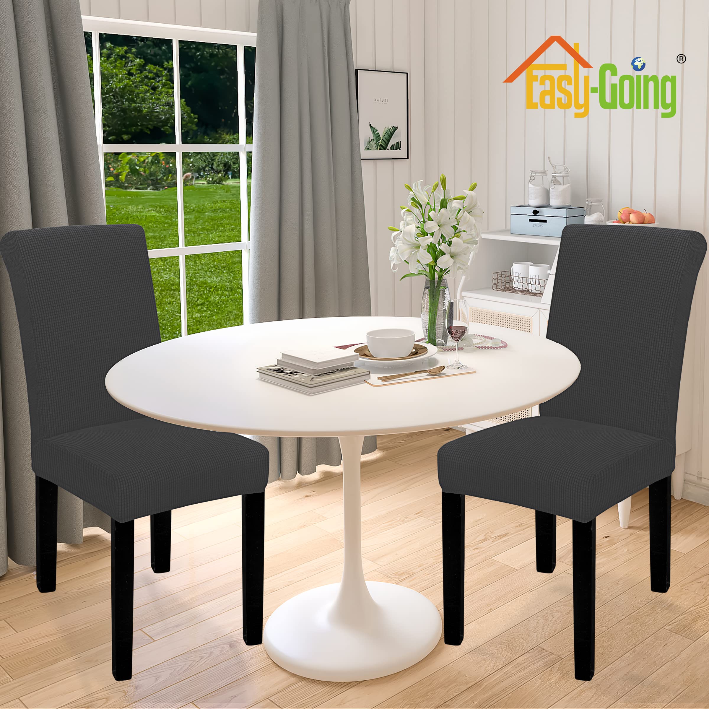 Easy-Going 100% Waterproof Dining Room Chair Cover Set Of 2, Stretch Jacquard Parson Chair Slipcover Removable Washable Chair Protector For Home, Restaurant, Banquet (Xlarge, Dark Gray)