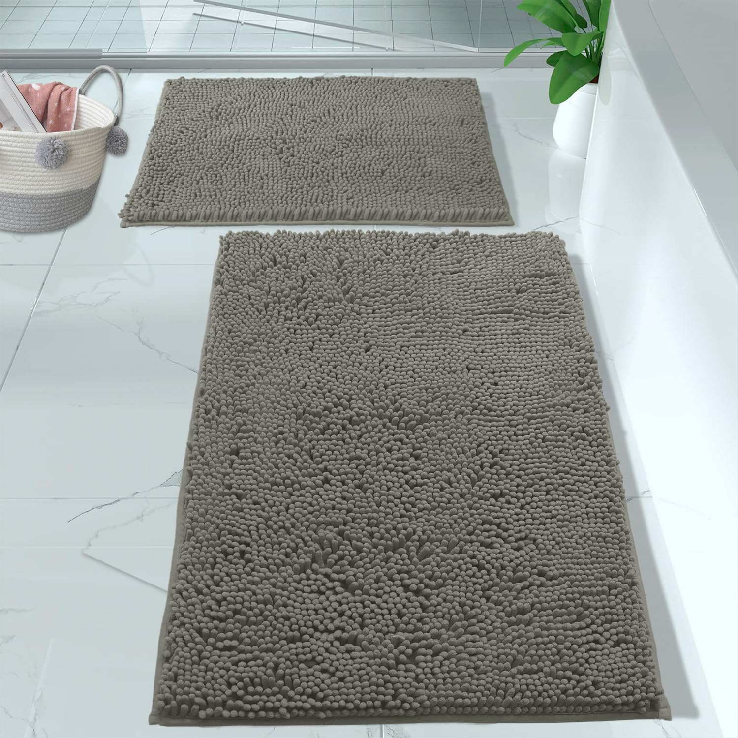 LuxUrux Bathroom Rugs 2 Piece Set-Extra-Soft Plush Bath mat Shower Bathroom Rugs,1 Chenille Microfiber Material, Super Absorbent