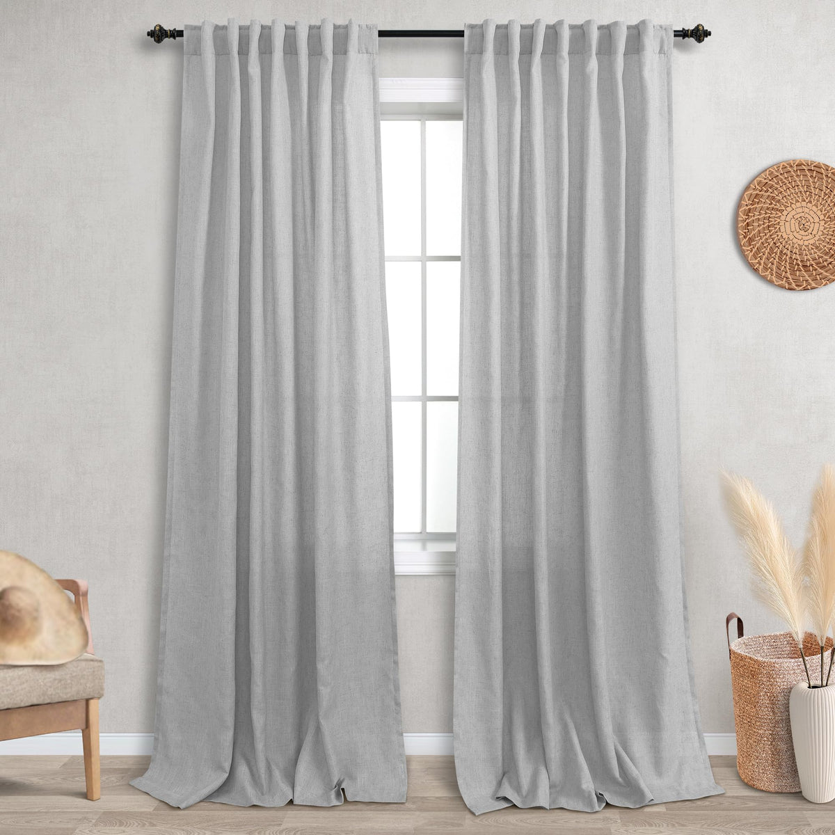 Koufall Grey Back Tab Rod Pocket Linen Sheer Curtains For Living Room 52X90 Inches Long