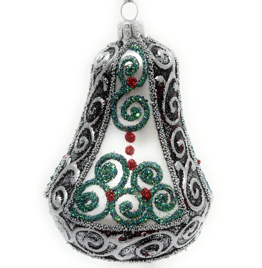 Polish Gallery Christmas Bell Ornament 4-Inch Blown Glass (Silver Embellished)