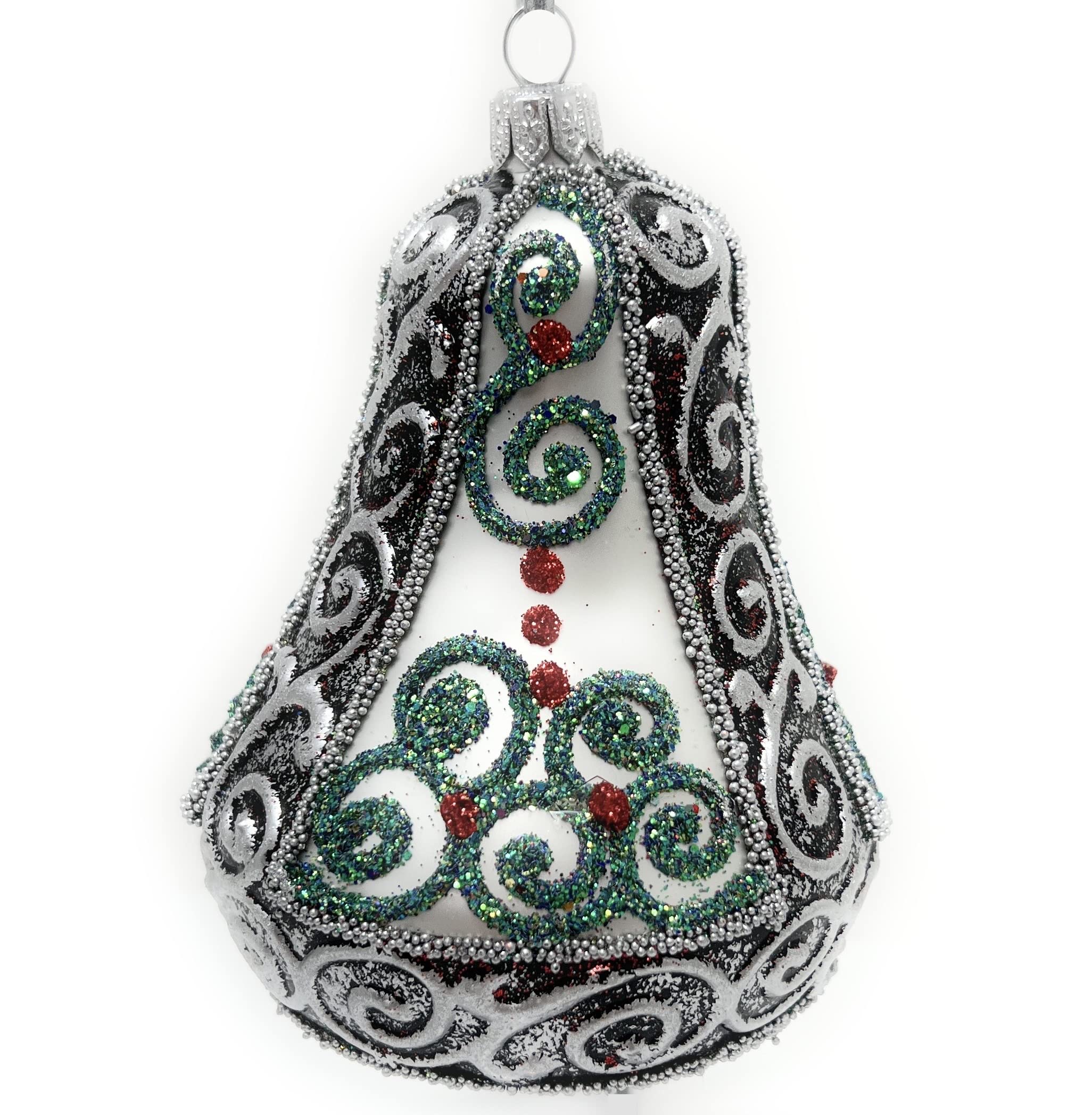 Polish Gallery Christmas Bell Ornament 4-Inch Blown Glass (Silver Embellished)