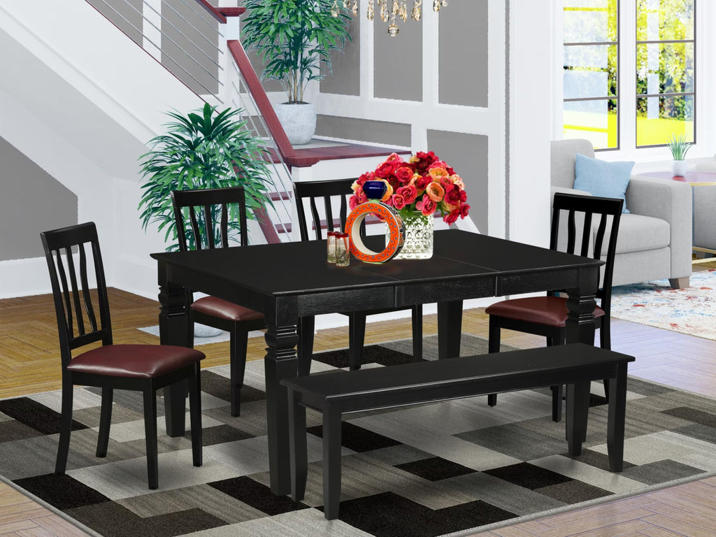 East West Furniture WEAN6D-BLK-LC 6 Piece Modern Dining Table Set Contains a Rectangle Wooden Table with Butterfly Leaf and 4 Faux Leather Dining Chairs with a Bench, 42x60 Inch, Black