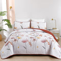 Dinjoy Floral Quilt Set California King Size,Orange Bedspread Farmhouse Bedding Set Soft Lightweight Spring Quilts 3 Piece White