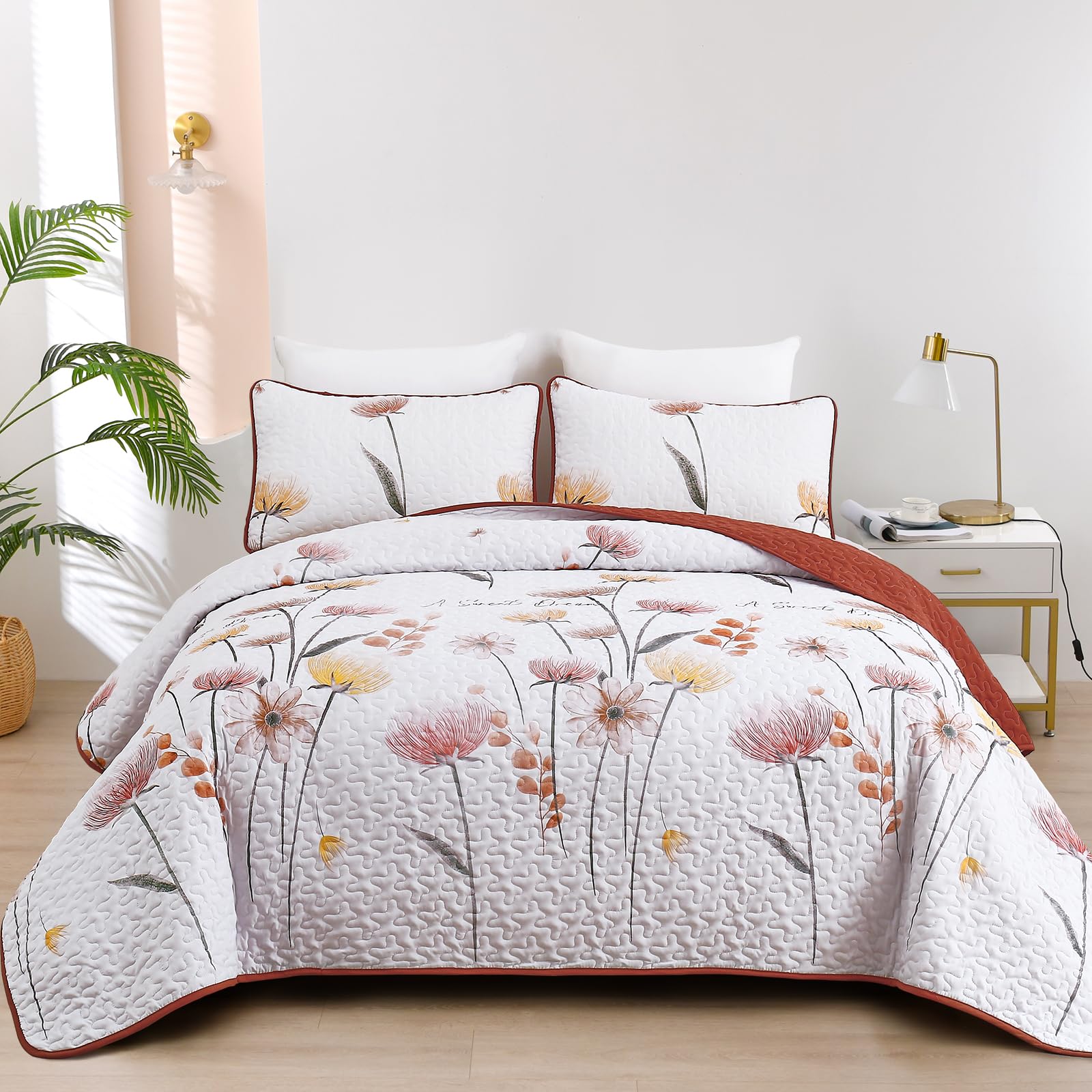 Dinjoy Floral Quilt Set California King Size,Orange Bedspread Farmhouse Bedding Set Soft Lightweight Spring Quilts 3 Piece White