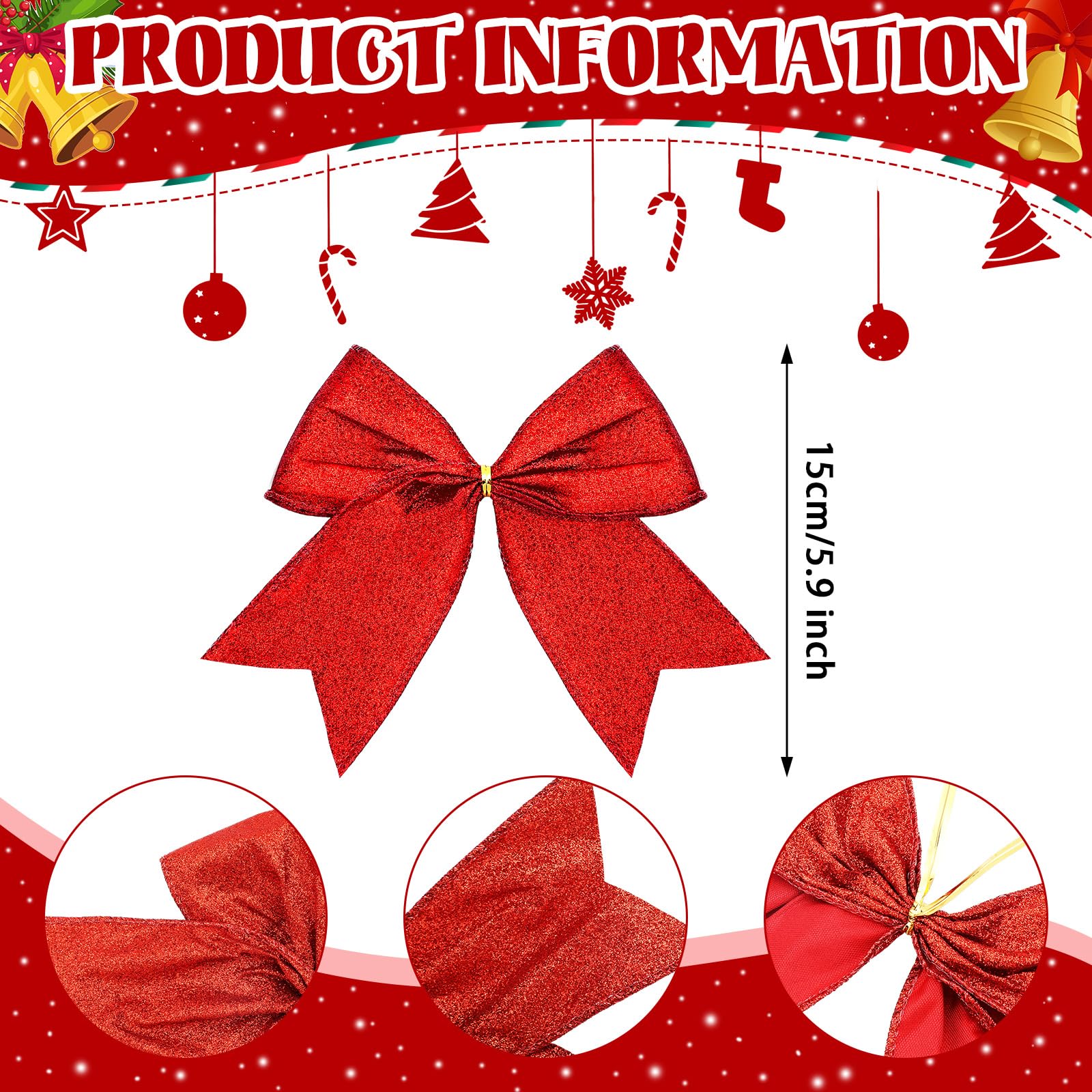 Cindeer 24 Pcs 6 Inch Christmas Bow Decorations Glitter Christmas Wreaths Tree Bow Sequin Ties Xmas Bows For Diy Craft Gift Wrap