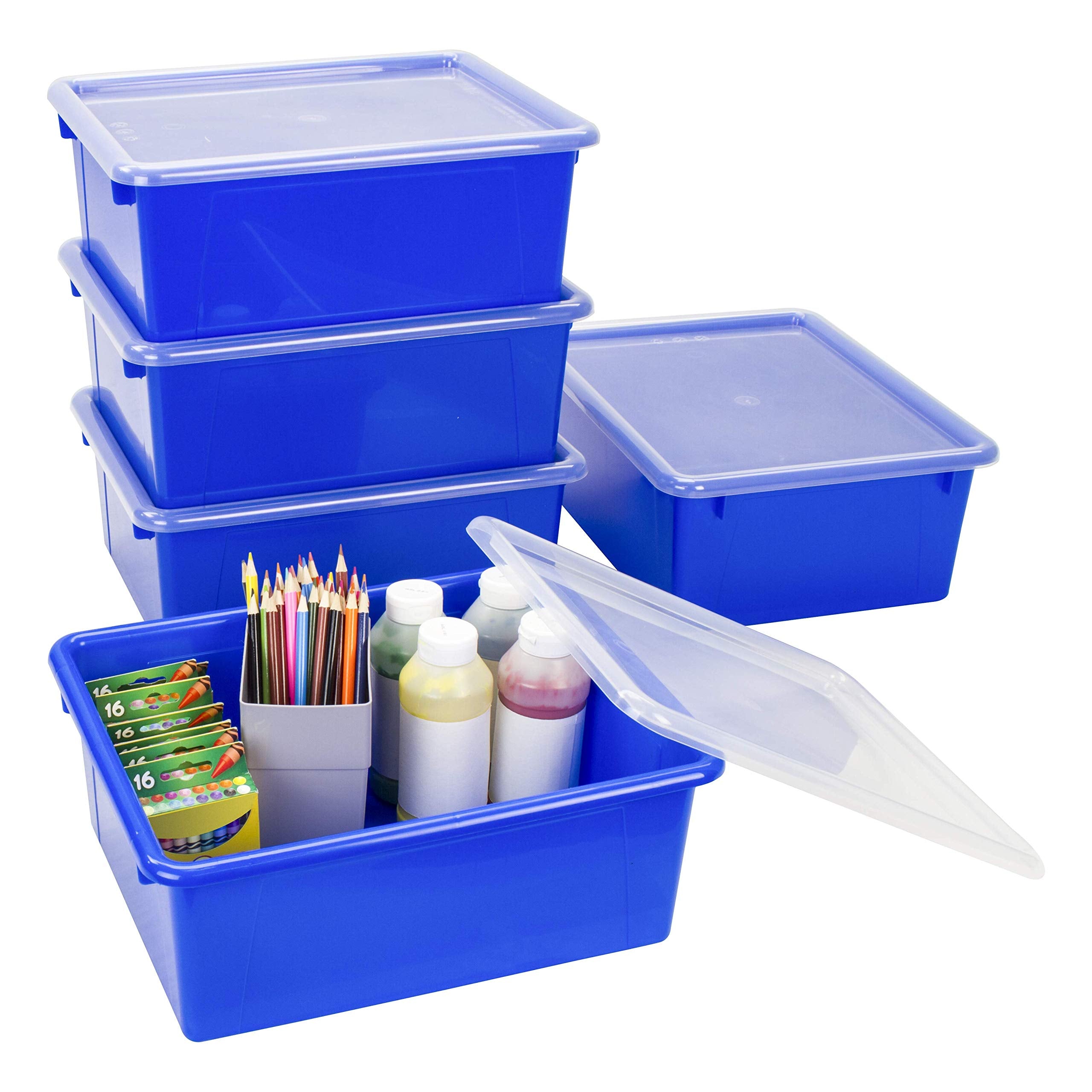 Storex Letter Size Deep Storage Tray - Organizer Bin With Non-Snap Lid For Classroom, Office And Home, Blue, 5-Pack (62544U05C)