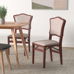 Meco Stakmore French Premium Solid Wood Dining Table Folding Chair Set With Fabric Padded Upholstered Seat, Cherry Frame And Blush Fabric (2 Pack)
