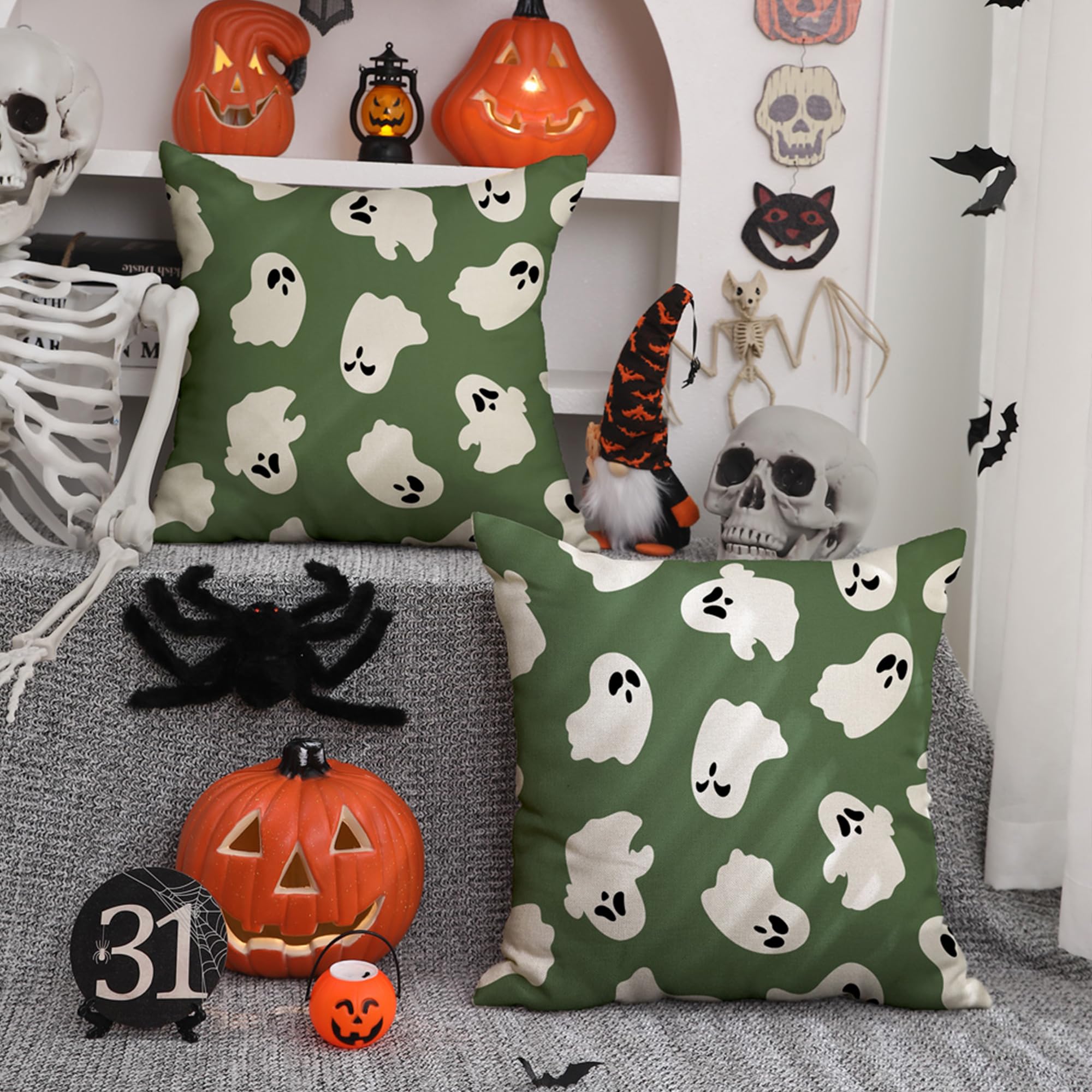 Dfxsz Halloween Pillow Covers 16X16 Inch Set Of 2 Happy Halloween White Ghost Decor Green Pillow Covers Happy Halloween Sofa Bed