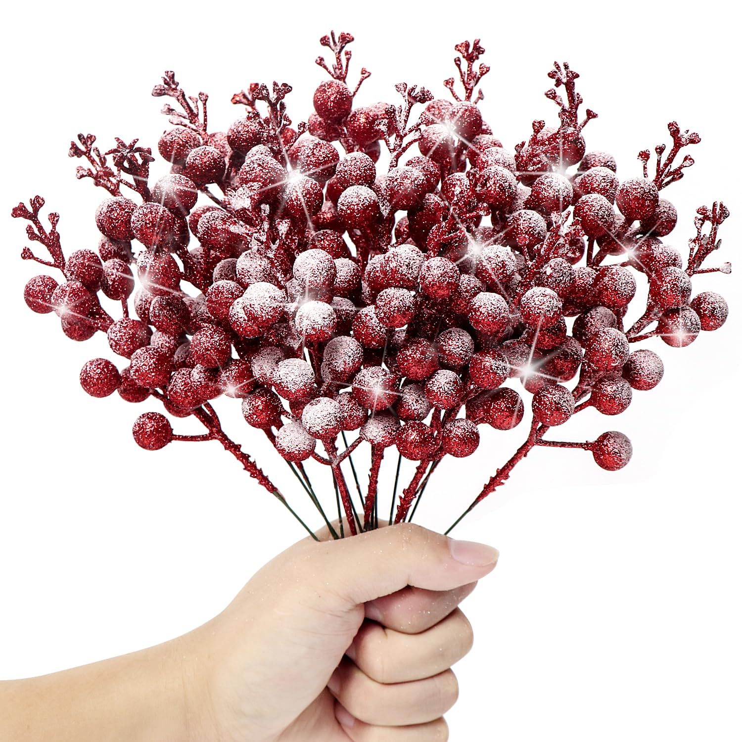 16 Pieces Artificial Glitter Berries Stems, 8-Inch Frosted Christmas Picks Berry Sprays Twig Glitter Holly Berry Branches for Xm