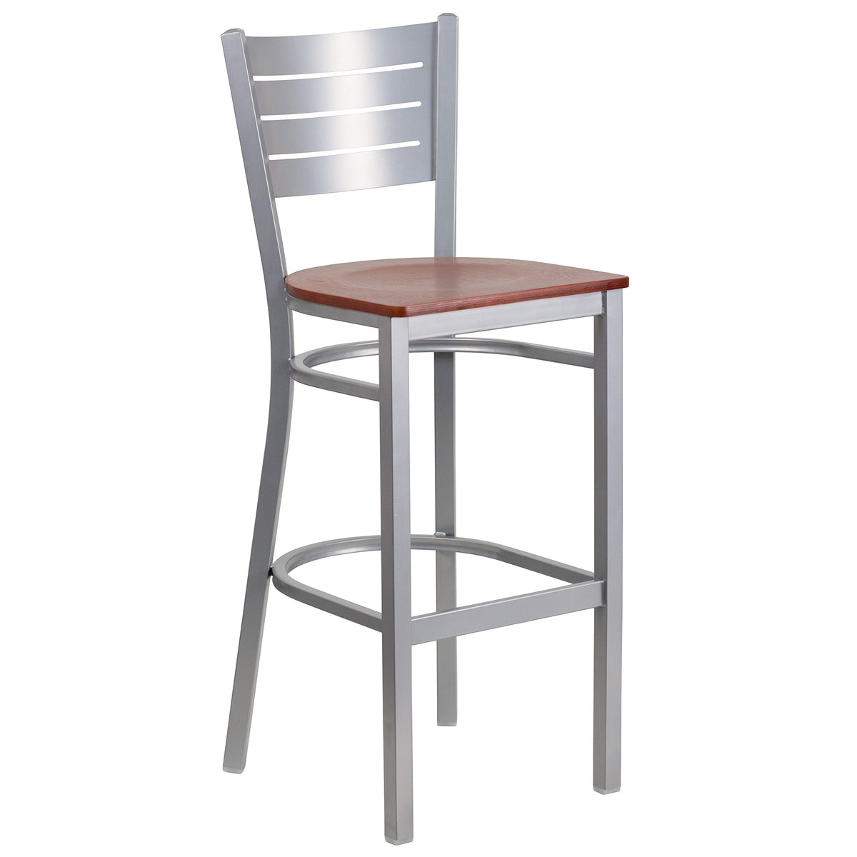 Flash Furniture Hercules Series Silver Slat Back Metal Restaurant Barstool - Cherry Wood Seat