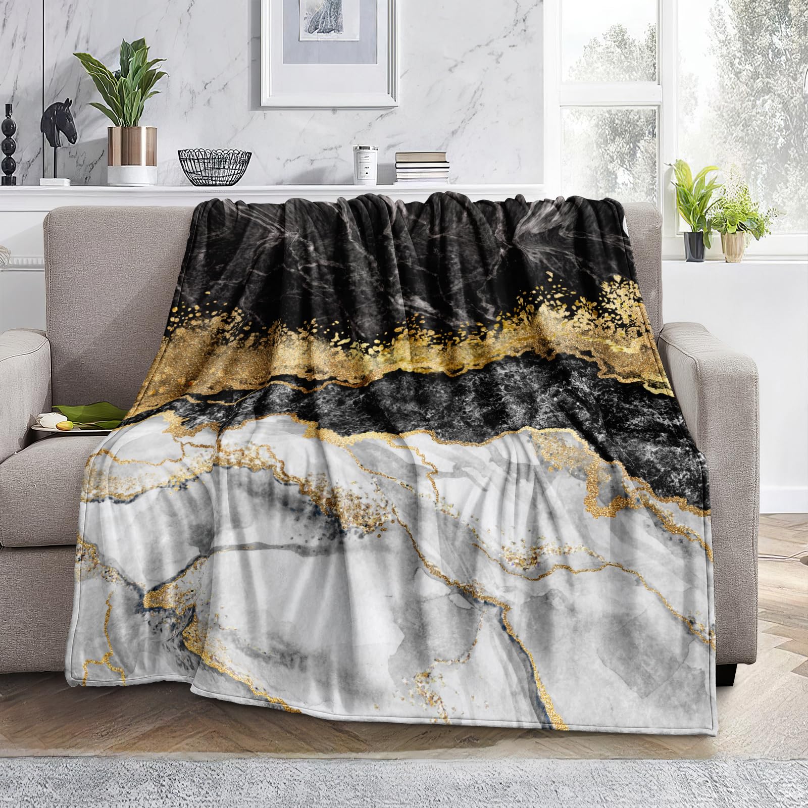 Bedbay Black Marble Blanket Black Gold Blanket Black Grey Gold Marble Texture Flannel Fleece Blanket Soft Lightweight Plush Blan