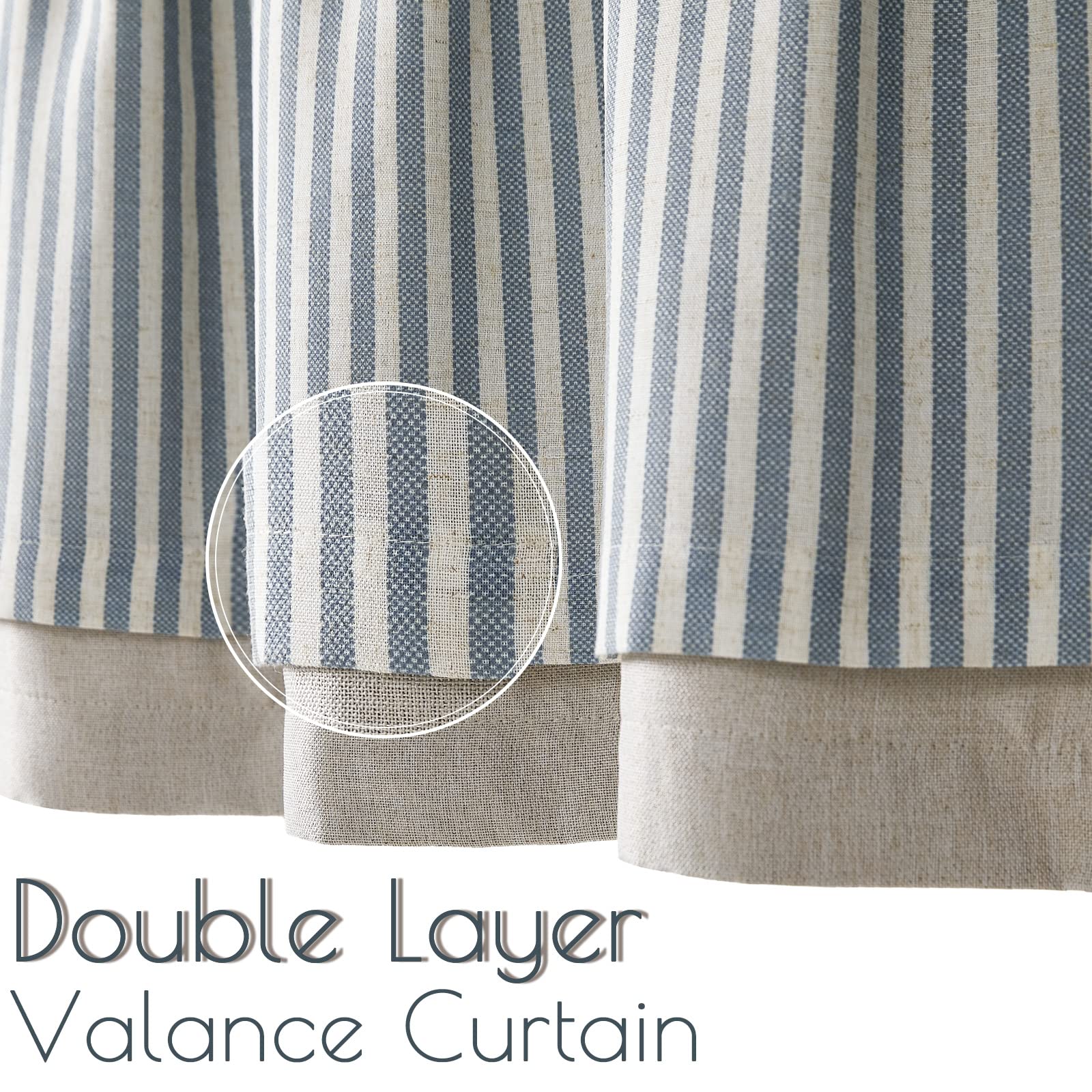 Jinchan Linen Valance Curtain Stripe Valance For Windows 16 Inch Blackout Kitchen Curtain Farmhouse Double Layer Valance For Living Room Laundry Ticking Stripe Valance Rod Pocket 1 Panel Blue On Beige