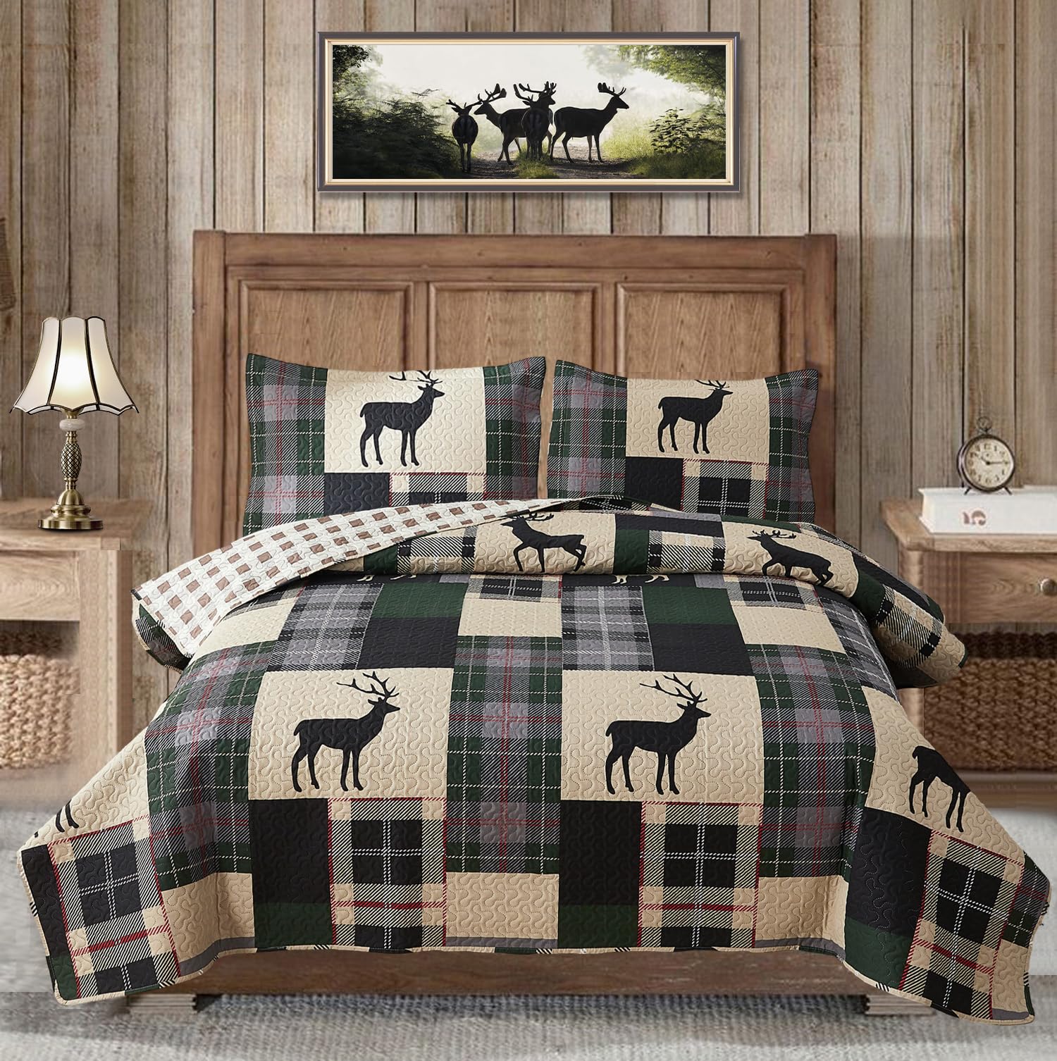 Minchi Lodge Quilt Set King Size Plaid Patchwork Rustic Cabin Bedding Moose Deer Printed Beige Gingham Grid Bedspread Coverlet S