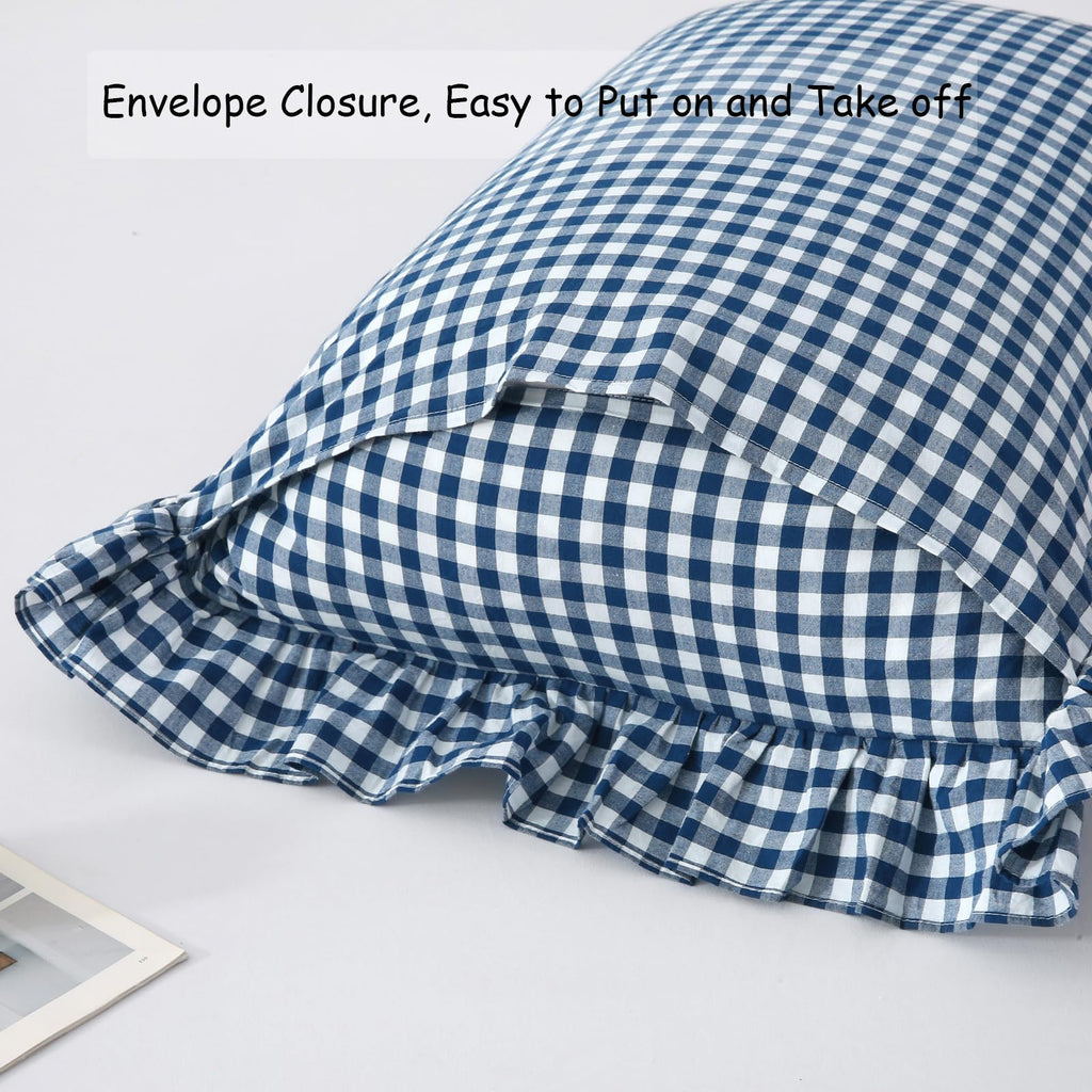 Navy Blue/White Plaid Pillow Shams Standard Size Set Of 2,Shabby Checkered Ruffle Pillow Cover Washed Cotton Pillowcases 20''X26